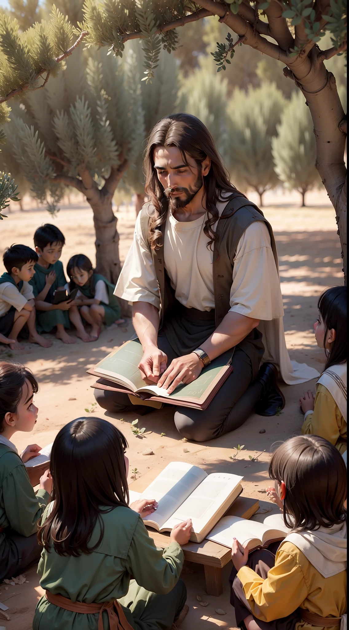 Jesus Christ teaching the scriptures to a group of children under olive trees