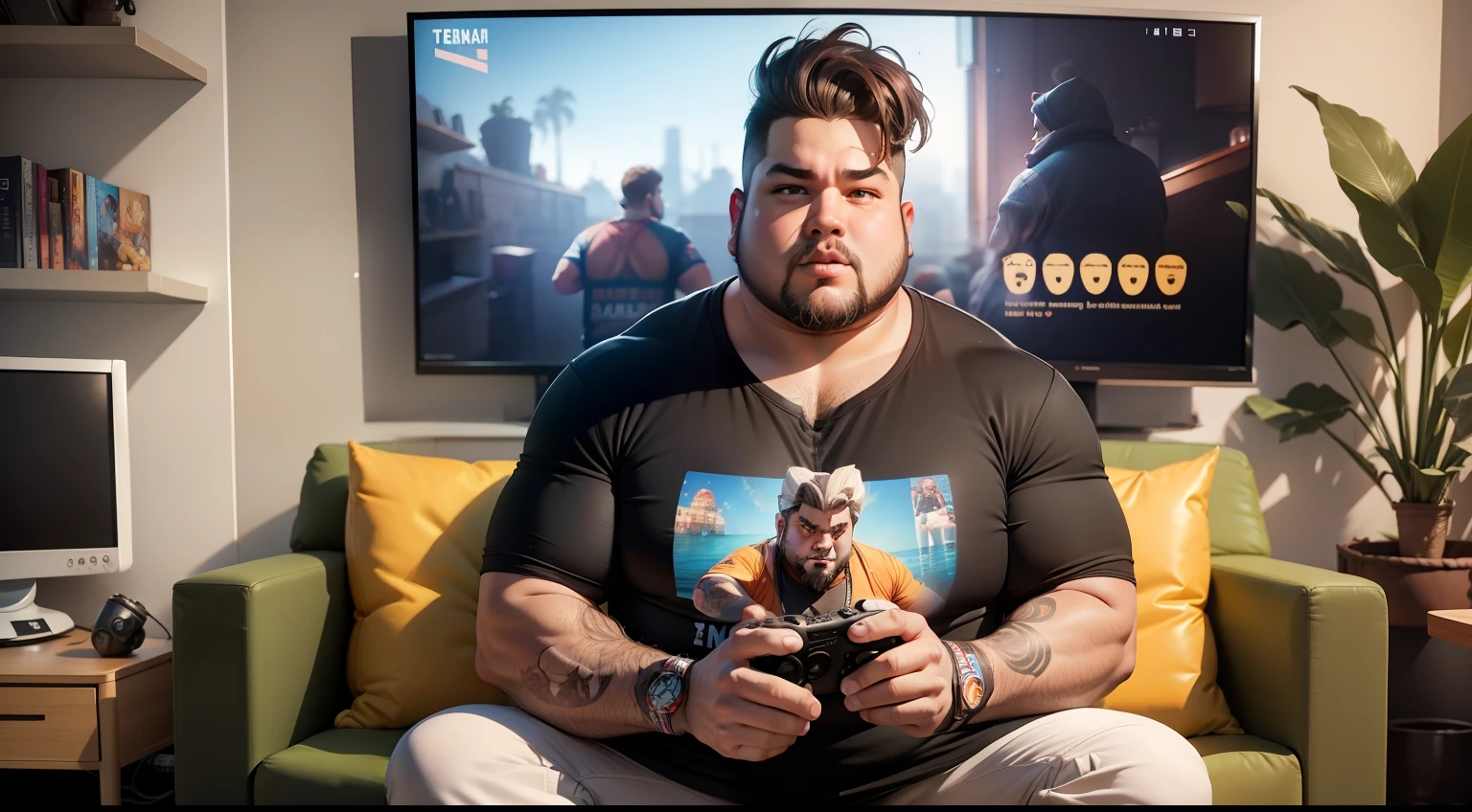 Tem um homem gordo, obeso, feio, muito feio, cabelo sem cortar, sitting on a couch with a bottle of wine and a bowl of food, playing video games, comer batatas fritas e assistir TV, brincando, obeso, Homem na casa dos 30 anos, videogame ainda, obeso ), olhando para o telefone dele, Streamer do Twitch / Jogador Ludwig, videogame ainda, jogos, Fotografia tirada em 2 0 2 0, Comer