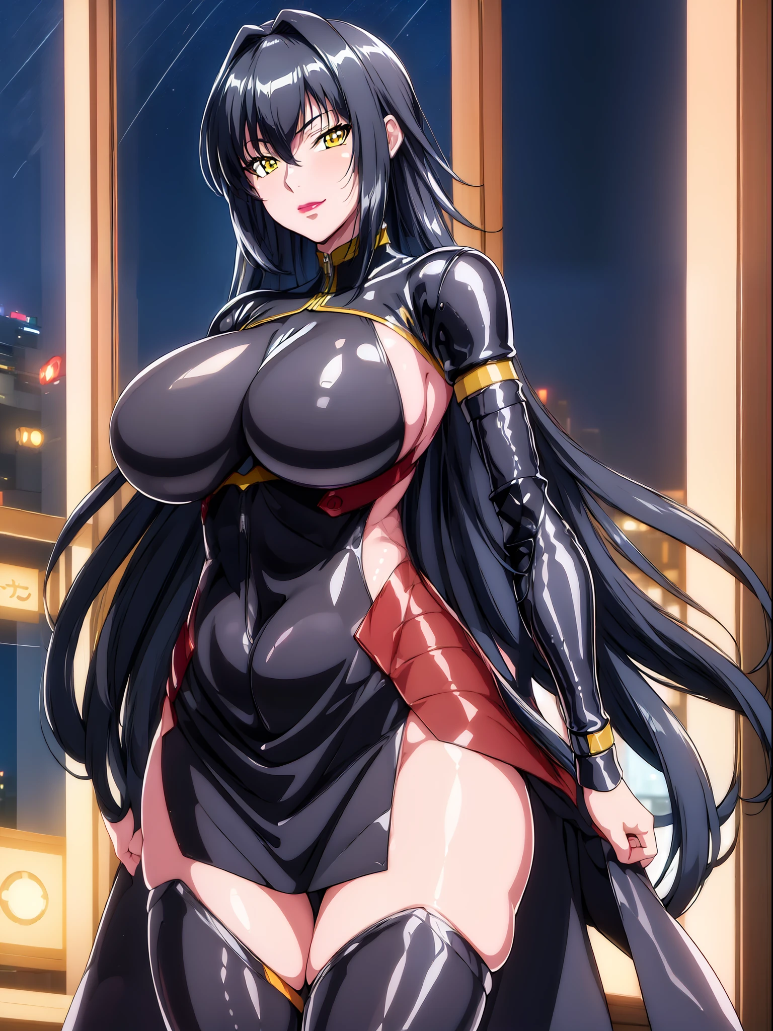 (Night:1.7), Japan, Tokyo, CityView, Before Window,
Standing at attention,
black outfit ,yellow collared shirt,black and red bodysuit,skin_tight,black legwear, black pantyhose, Side_boob,
black hair,very long hair, Bangs,yellow eyes,makeup, lipstick,
1 girl, 20yo,mature female,Beautiful Finger,Beautiful long legs,Beautiful body,Beautiful Nose,Beautiful character design, perfect eyes, perfect face,
looking at viewer,
NSFW,official art,extremely detailed CG unity 8k wallpaper, perfect lighting,Colorful, Bright_Front_face_Lighting,
(masterpiece:1.0),(best_quality:1.0), ultra high res,4K,ultra-detailed,
photography, 8K, HDR, highres, absurdres:1.2, Kodak portra 400, film grain, blurry background, bokeh:1.2, lens flare, (vibrant_color:1.2)
(Beautiful,large_Breasts:1.4), (beautiful_face:1.5),(narrow_waist),