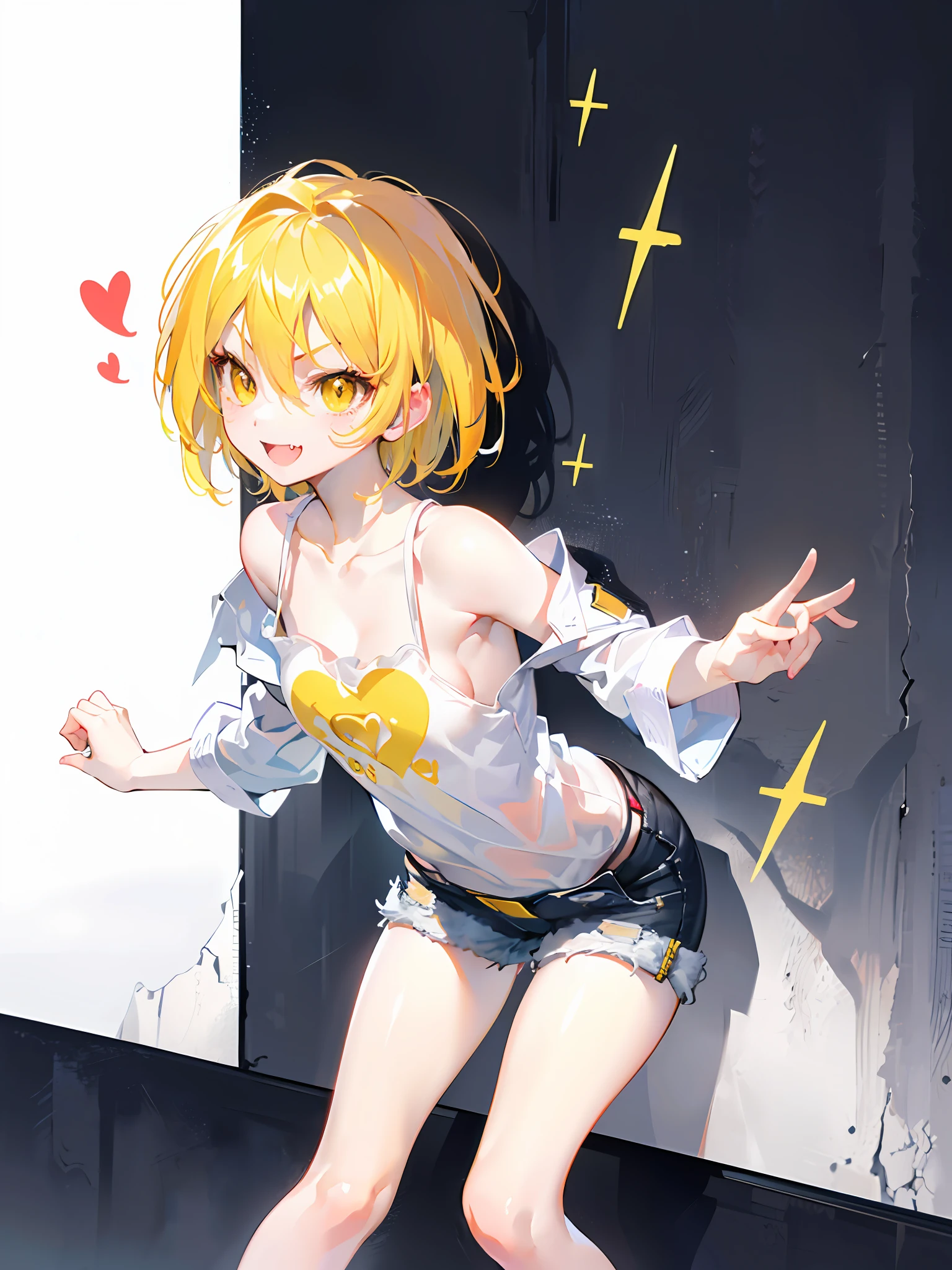 (best quality, detailed drawn hands, realistic fingers), (masterpiece, sidelighting, finely detailed beautiful eyes: 1.2), ((best quality)), ((masterpiece)), (highly detailed:1.3), anime, girl, small chest, childish body, (white shirt, sweets pictures on shirt, shirt with bare shoulders), denim shorts, (yellow eyes, excited eyes, star-shaped eyes), (smug smirk, cheerful smile, single fang), (short-medium hair, golden blonde hair, messy haircut), yellow tatto on left hand, heart tatto on cheek, solo, by QYS3 pixiv artwork,