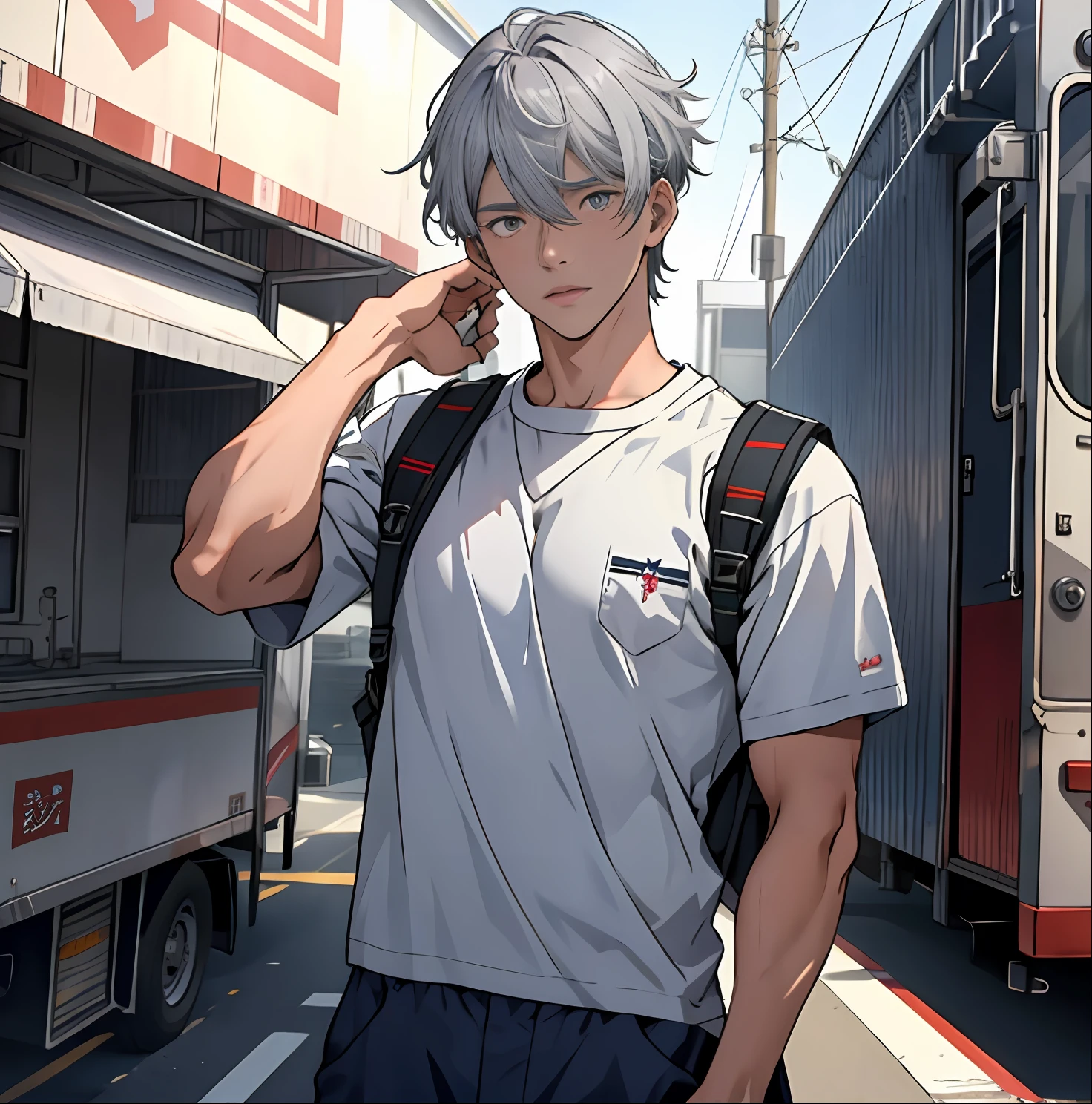 (usar mismo personaje usando la misma ropa) Arafed image of a boy with silver-gray hair grey eyes wears blue t-shirt fitted to the body without prints the shirt is all blue with a backpack facing up, Estilo de SSSS.Gridman (2018), inspirado por Adam Dario Keel, highlight scene of the movie, still from a live action movie, movie screen shot, scene from live action movie, SSS.Gridman, screenshot from a movie, Sasai Ukon Masanao, trailer