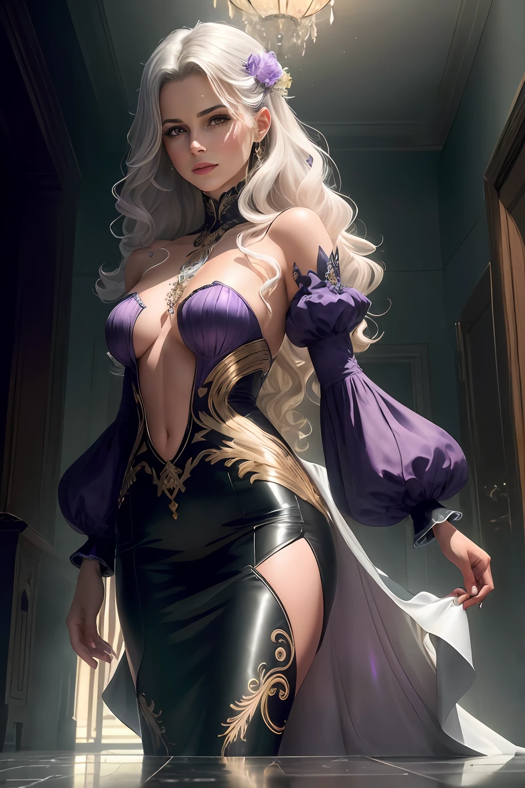 A realistic shallow-focus cinematic scene with 8k resolution captured with soft natural lighting and shading with a powerful sense of ultra-realism that shows a (corpo inteiro) sinistra (mulher glamorosa) proudly standing with a satisfying expression and his (anatomically correct hands) on the hips with very fluid movements in front of an impressive hyper-realistic city of neo-futurism cyberpunk with an impressive landscape of thunder in the background. Kate Beckinsale is (wearing an elegant bespoke light grey silk top with dark grey straight-legged trousers on top: 1.1) dela (insanamente detalhada, elegant and ornate anatomically carved bio-mechanics [grafite: prata: 0,55] fractal body delicately embroidered with tiny amethysts and golden details). Ela tem um belo corpo ciborgue esguio, um lindo rosto oval, ([platina: ametista: 0,61] medium wavy hair: 1,3), malicious-looking pale amethyst almond eyes, thin, adorable lips and a pointy, arrogant nose. Ela se ergue com um porte imperioso, his perfect features molded into an expression of superiority. Long legs dressed in designer pencil skirts slide across the polished marble floor with each step. Leva apenas alguns momentos antes que o olhar prateado dela se fixe no seu, sending a beam of electrical tension snaking down your spine. Once entangled by those glowing puddles of iridescent light, torna-se evidente que, though their indifference may actually hide malevolent intentions, His words carry a subtle hypnotic charm that suggests deeper waters within this icy persona. Quando ela escolhe revelar essa pequena parte de si mesma, This seems less like an empathetic concern and more like a seductive one revealing a secret. You willingly succumb to her manipulations, unable to resist his silent attraction.