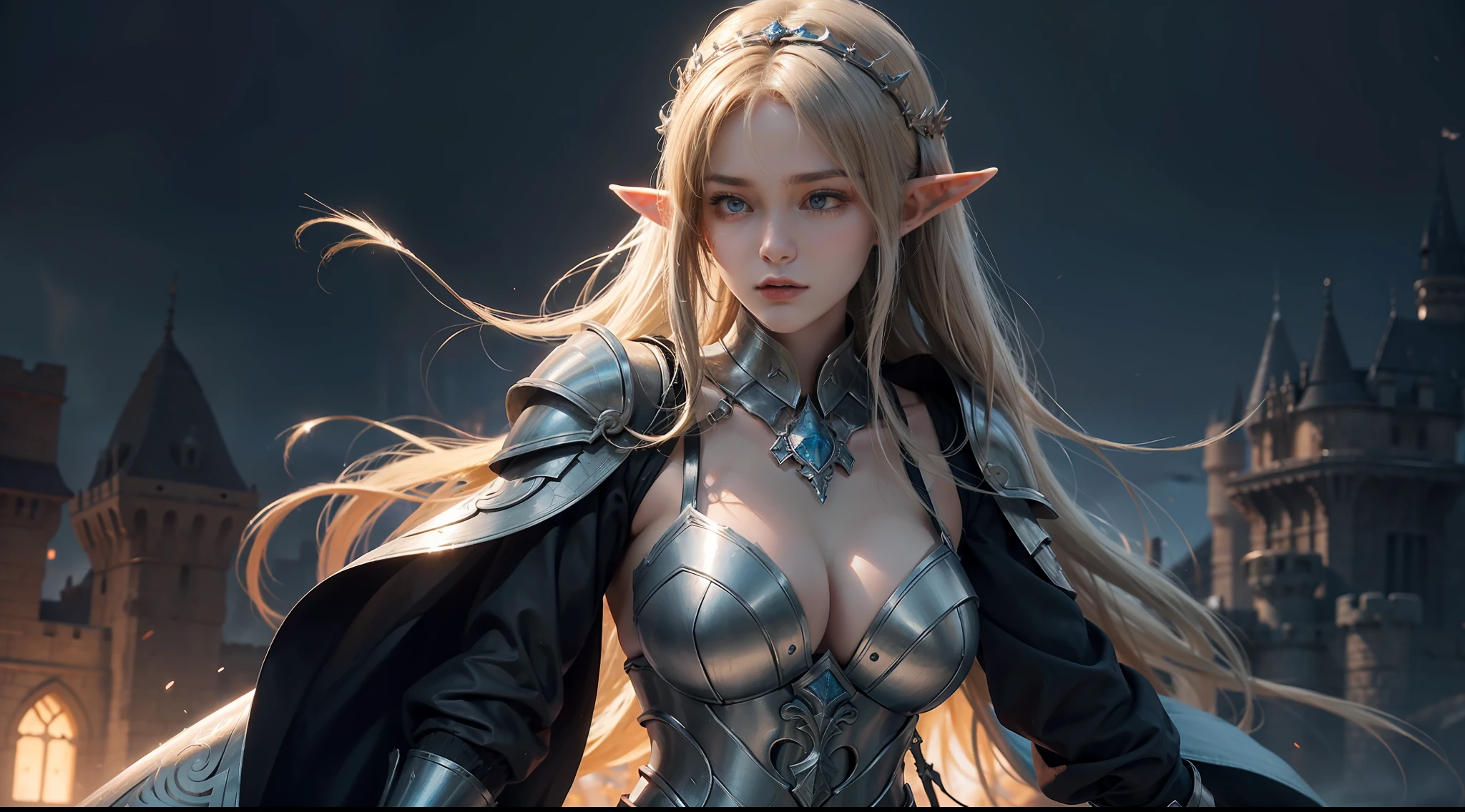 (Award-winning digital artwork:1.3) af (sketching:1.3),(with dynamism:1.3),(Saturation:1.3),(Close portrait:1.3),(femele:1.4),(big breasts beautiful: 1.4),(carismatic:1.3),Female elf,Heavy armor,Perfect Detailed Eyes,The background is the castle,Large breasts,complex patterns,Film filter, ,dramatics,dynamicposes,illusory engine, (High detail: 1.9),full body shot shot,mystic symbols,((Glowing sword))