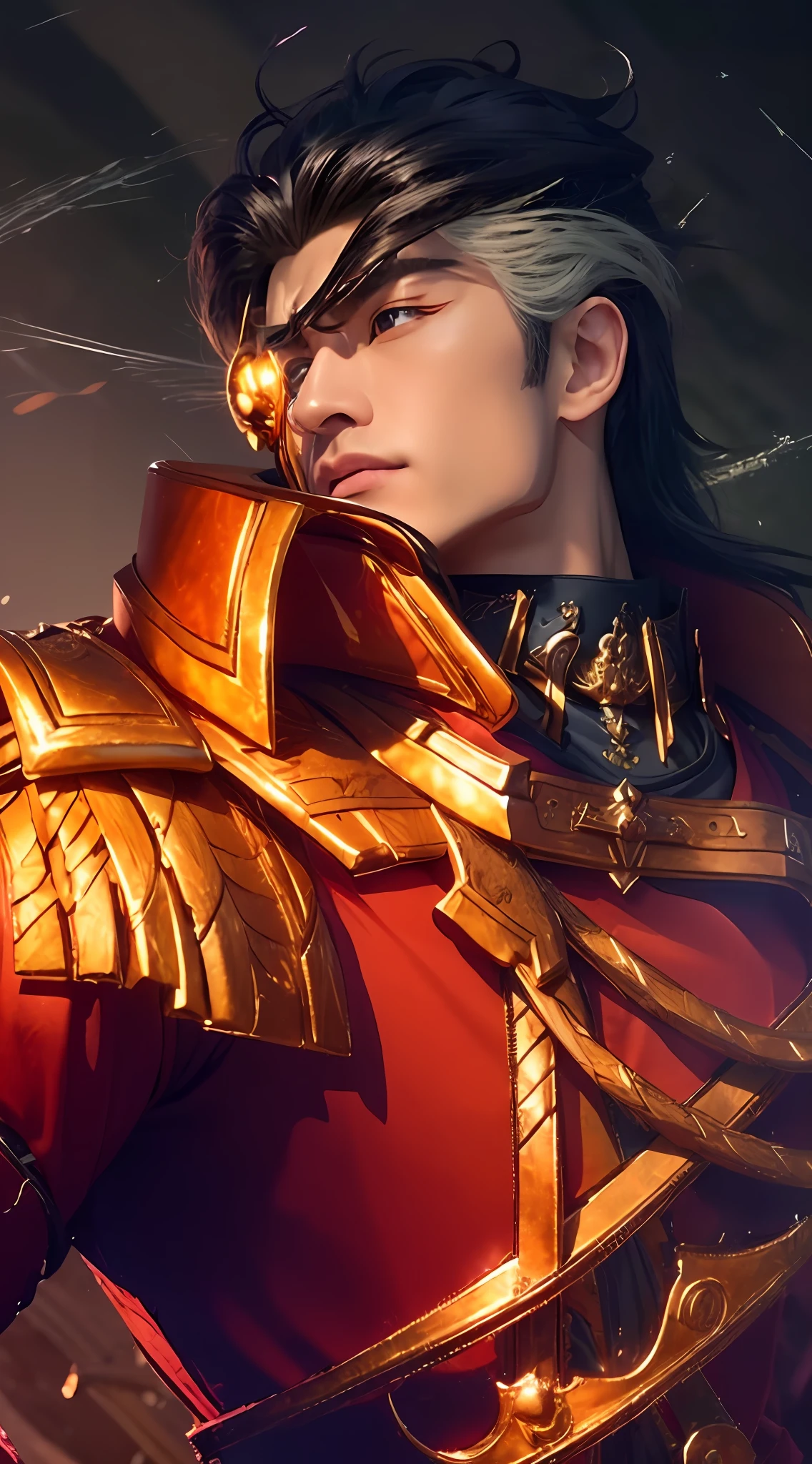 ((Best Quality, 4K, Masterpiece: 1.3)), (Detailed: 1.4), Reality, 1boy, a close up of a man in a red suit holding a sword, heise jinyao, inspired by Huang Shen, artgerm jsc, g liulian art style, artgerm detailed, bian lian, character art closeup, inspired by Huang Ding, inspired by Pu Hua, artgerm. high detail, xianxia hero, a man with black and White hair, a man with cover eyes, 4K, HD, Ultra Realistic, extremely detailed, tfft