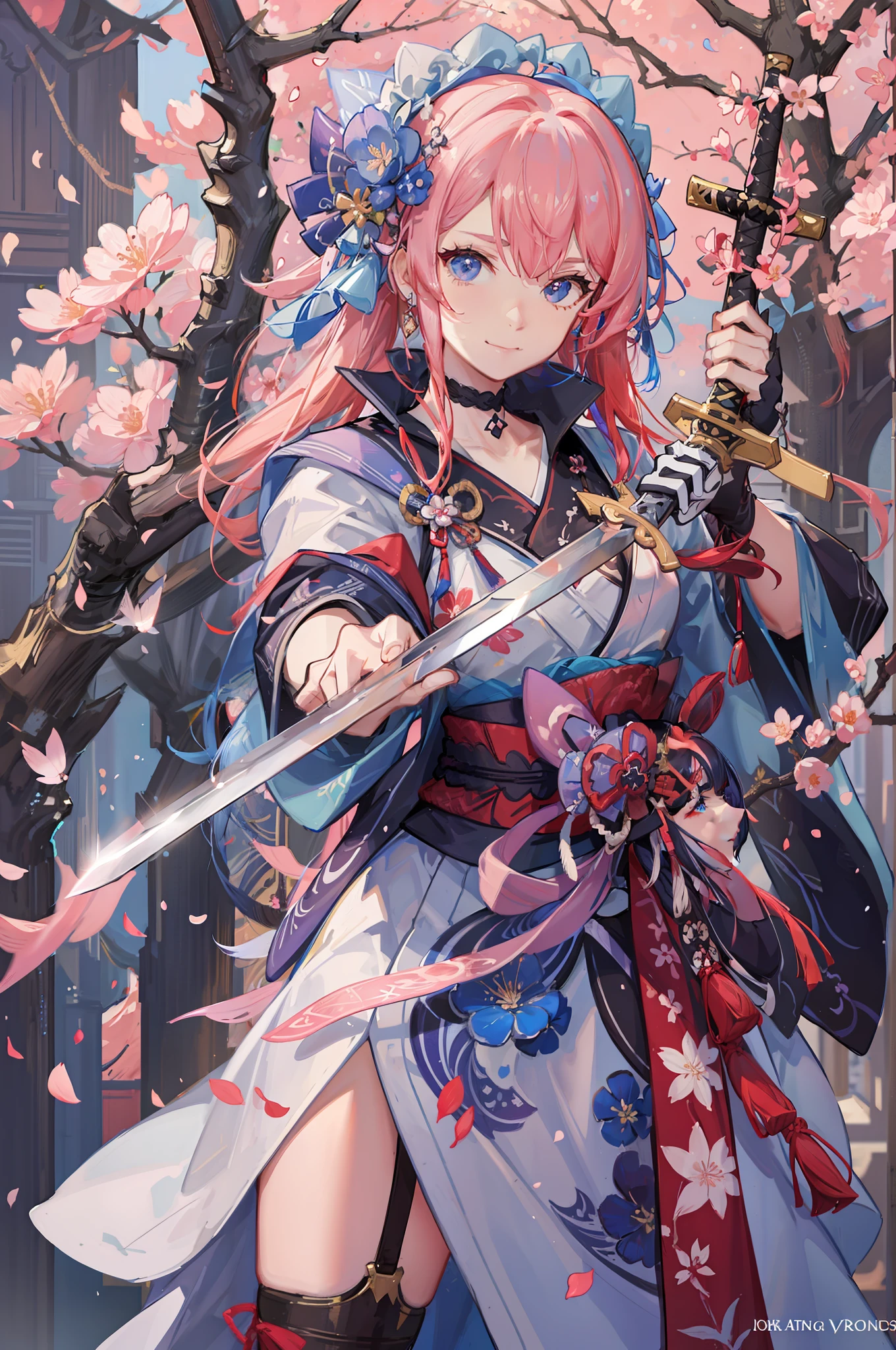 ((Cyberpunk woman in action with a samurai sword)), ((a costume with a cherry blossom petal motif)), ((highly exposed costume)), ((colorful samurai sword)), ((long multicolored hair)), ((background is otherworldly)), blue eyes, smile, glitter, artistic, nffsw, retina, masterpiece, accurate, super detailed, high detail, high quality, award winning, Highest Quality, High Definition, 1080p, Hard Disk, 4K, 8K, 16K