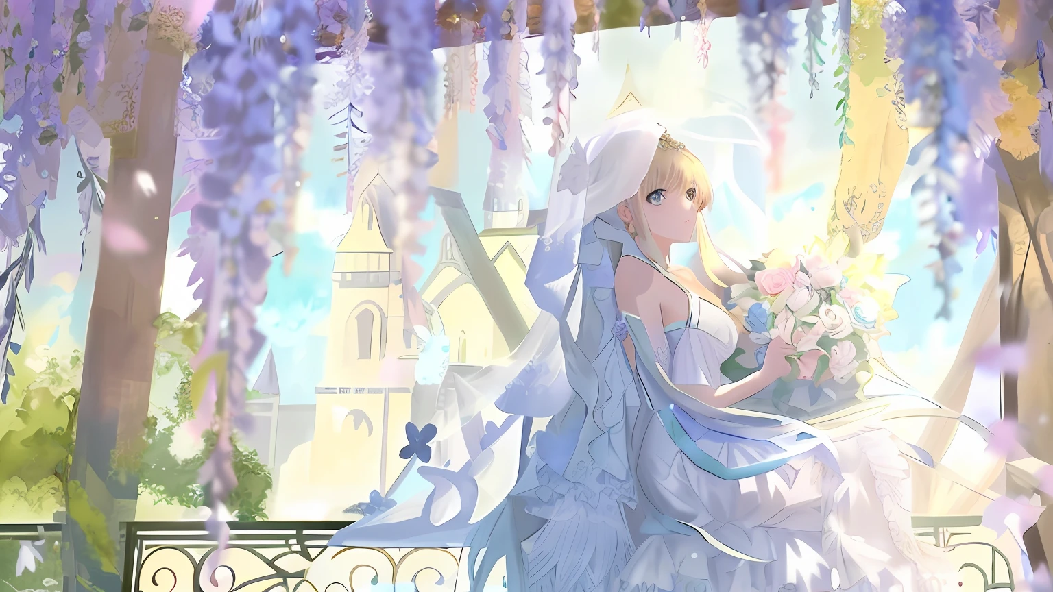 Anime - Stylistic image of a bride in a wedding dress sitting on a bench, beautiful fantasy anime, beautiful anime scenes, Guviz, intricate ornate anime cgi style, daytime ethereal anime, Beautiful anime art, Beautiful anime, ethereal anime, anime beautiful peace scene, Guviz-style artwork, Beautiful anime artwork, High Quality Anime Art Style