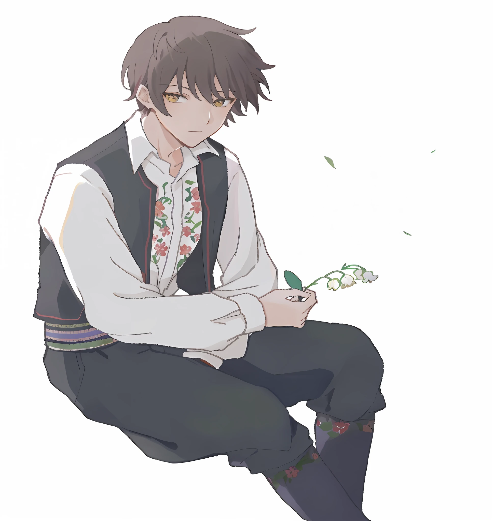 Anime boy sitting on the ground，Holding a flower in hand, inspirado em Okumura Masanobu, inspired by Okumura Togyu, With flowers, shigenori soejima illustration, inspired by Yamagata Hiro, Handsome anime pose, author：Uesaka Seka, sitting with flowers, Delicate androgynous prince