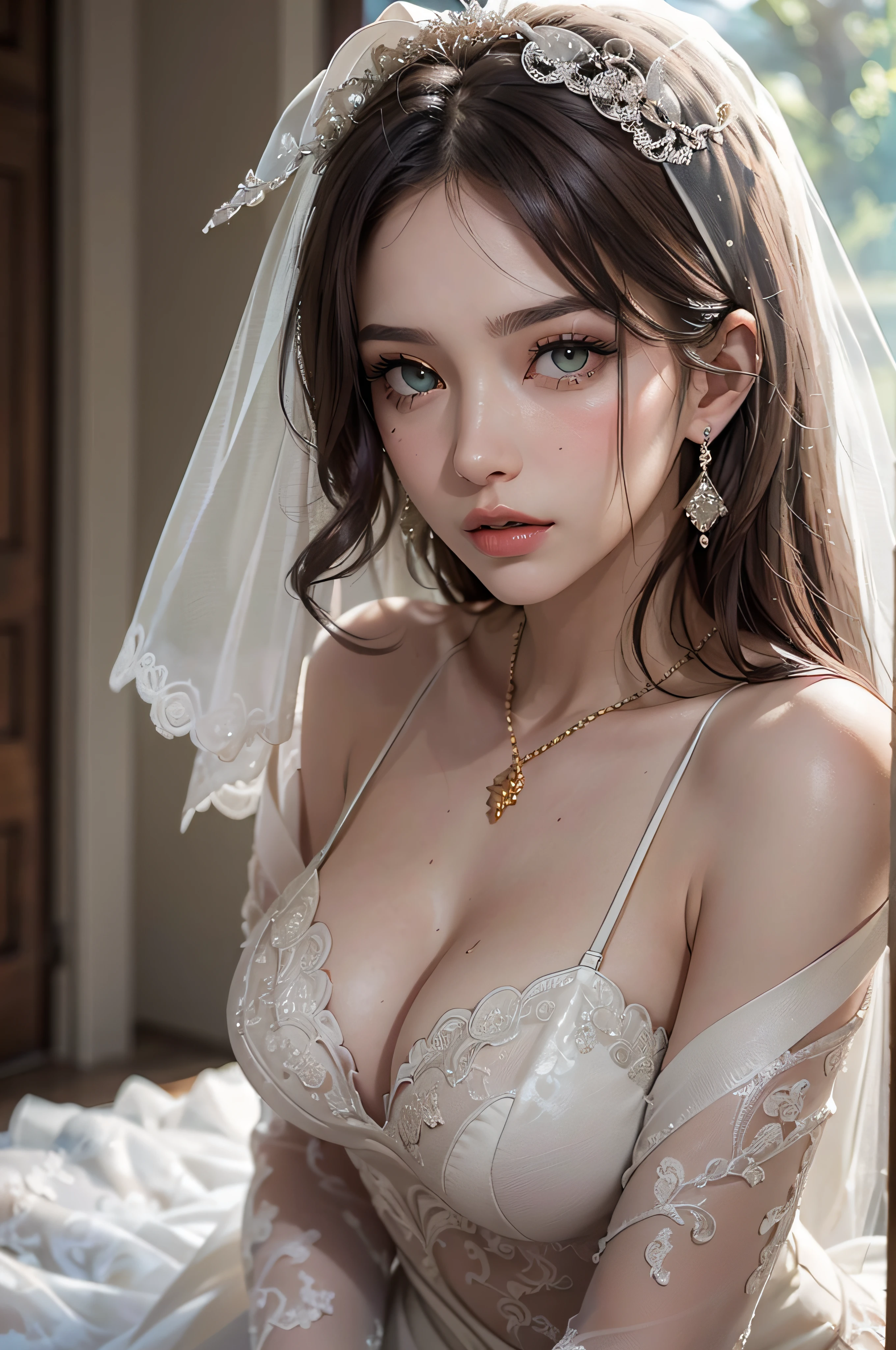 (masutepiece: 1.3), (max resolution: 1.2), (Ultra HDTV: 1.2), cinematric light, 8K resolution, Detailed eyes and skin, detailed facial features, , (Sharp Focus: 1.2), (Focus on Face:1.2),Perfect Style, Beautiful face, acurate, Anatomically correct, Highly detailed face and skin texture, Detailed eyes, Double eyelids, Thin eyebrows, Glitter Eyeliner: 1 Natural cheeks, Glossy skin, Fair skin: 1.2, (Glossy lips: 1.4),、 (Shy look: 1.2),Highly detailed facial and skin texture, Detailed eyes, Double eyelids, Natural cheeks, , shiny lips: 1.4,Exposed cleavage、(A large amount of sperm in the chest:1.4)(Large amount of sperm in the thighs:1.2)、 red blush、humiliated、impatience、dismay、Frightened、glares、Tears、embarrassed from、Open knees、open one's legs、Masturbation behavior、masturbation、rubbing the genitals with fingers,,,,,,,,、 White underwear、White bra、Shiny little earrings and necklaces、、Disheveled clothes、Dressing、Exposed panties、Wearing sweat、sodden、Sheer underwear、 25 years old, Neat and clean woman 、Wavy Hair、 Semi-long hair, Big, upturned breasts, Sitting on the floor, chies、Golden hair、Green ash eye,(weddingdress:1.6)、veils、
