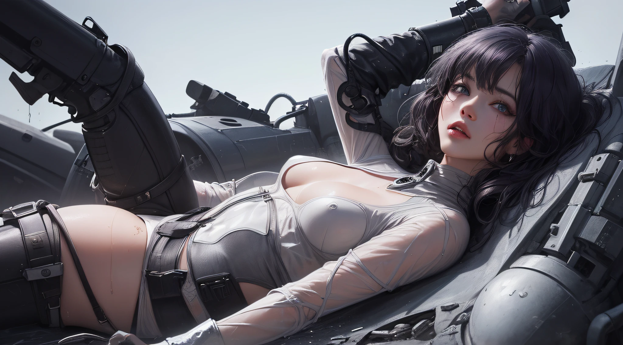 Losing portrait of woman in wetsuit with big gun, smooth digital concept art, an oppai cyberpunk, glossy wet skin!!, biomechanical oppai, Painted in high resolution, wet shiny skin, 8k high quality detailed art, [ 4 k digital art ]!!, Very detailed ArtGerm, rendered in sfm, fanart best artstation(Very cute woman gets futuristic cyberpunk hotel bodysuit completely torn sexy、Perfect body-wide coverage))。Afro Curly Black Medium Length Hair、40k、a picture、​masterpiece、top-quality、Dark gray background、((1 Girl Glen's eyes and gorgeous bright purple hair、Beautiful perfect face、juicy lips、de pele branca))。Sexy ass soft breasts and white skin、Bimbo lips、Beautiful Caucasian woman in T pose。long legged((perfect chest:1.4))、((Very soft breasts))、hyperdetailed face、A detailed eye。Inside the spacecraft of the future。(((she is soaking wet)))、Her clothes were almost torn and torn.、Damaged、Skin exposed、White substance and water running down her body、Nipple areola protrudes、Underwear is slipping off、Metamorphosis、Sexy Pornstar Pose、Have a gun of the future、Holding a gun、