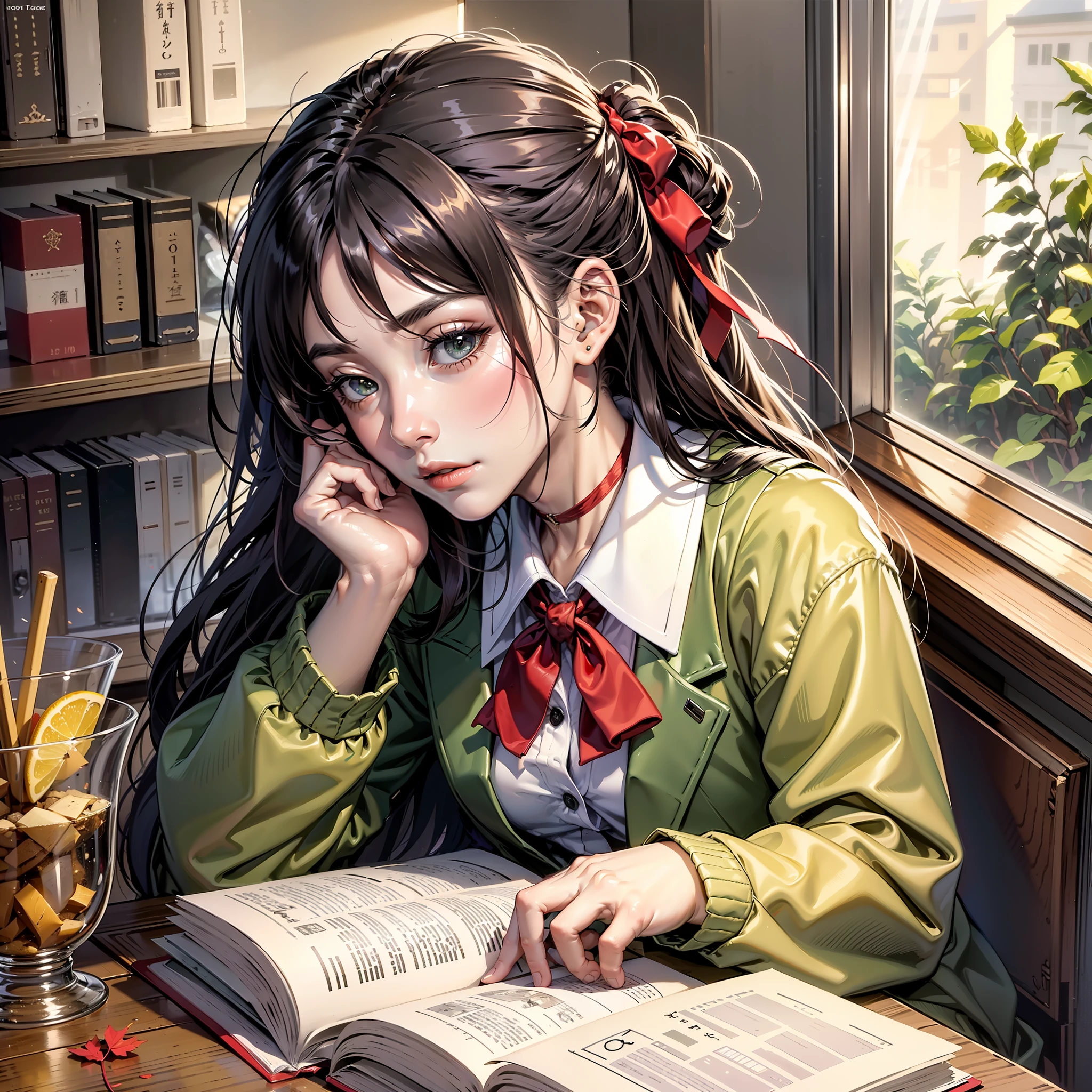 Anime girl reading a book in a library with a window - SeaArt AI