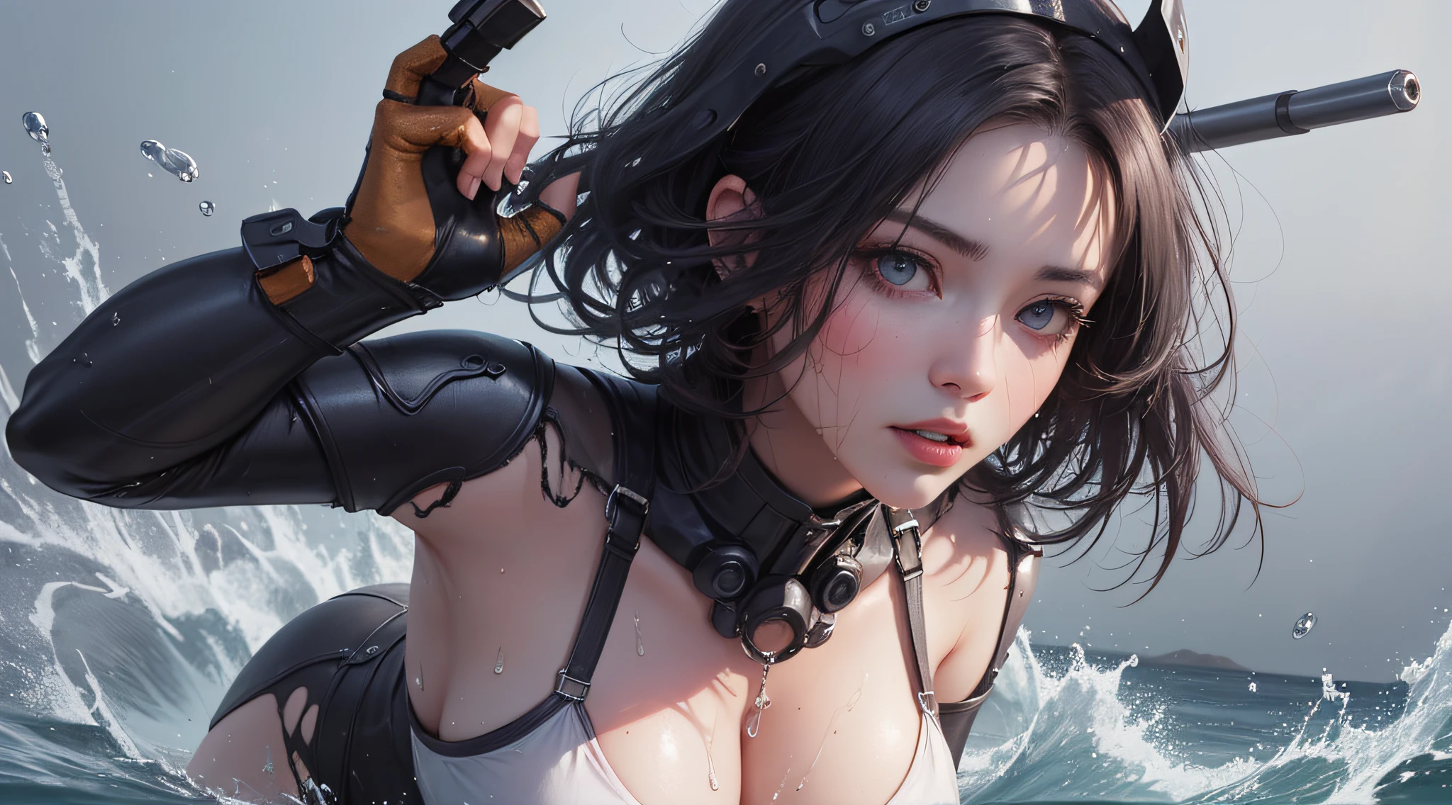Losing portrait of woman in wetsuit with big gun, smooth digital concept art, an oppai cyberpunk, glossy wet skin!!, biomechanical oppai, Painted in high resolution, wet shiny skin, 8k high quality detailed art, [ 4 k digital art ]!!, Very detailed ArtGerm, rendered in sfm, fanart best artstation(Very cute woman gets futuristic cyberpunk hotel bodysuit completely torn sexy、Perfect body-wide coverage))。Afro Curly Black Medium Length Hair、40k、a picture、​masterpiece、top-quality、Dark gray background、((1 Girl Glen's eyes and gorgeous bright purple hair、Beautiful perfect face、juicy lips、de pele branca))。Sexy ass soft breasts and white skin、Bimbo lips、Beautiful Caucasian woman in T pose。long legged((perfect chest:1.4))、((Very soft breasts))、hyperdetailed face、A detailed eye。Inside the spacecraft of the future。(((she is soaking wet)))、Her clothes were almost torn and torn.、Damaged、Skin exposed、White substance and water running down her body、Nipple areola protrudes、Underwear is slipping off、Metamorphosis、Sexy Pornstar Pose、Have a gun of the future、Holding a gun、