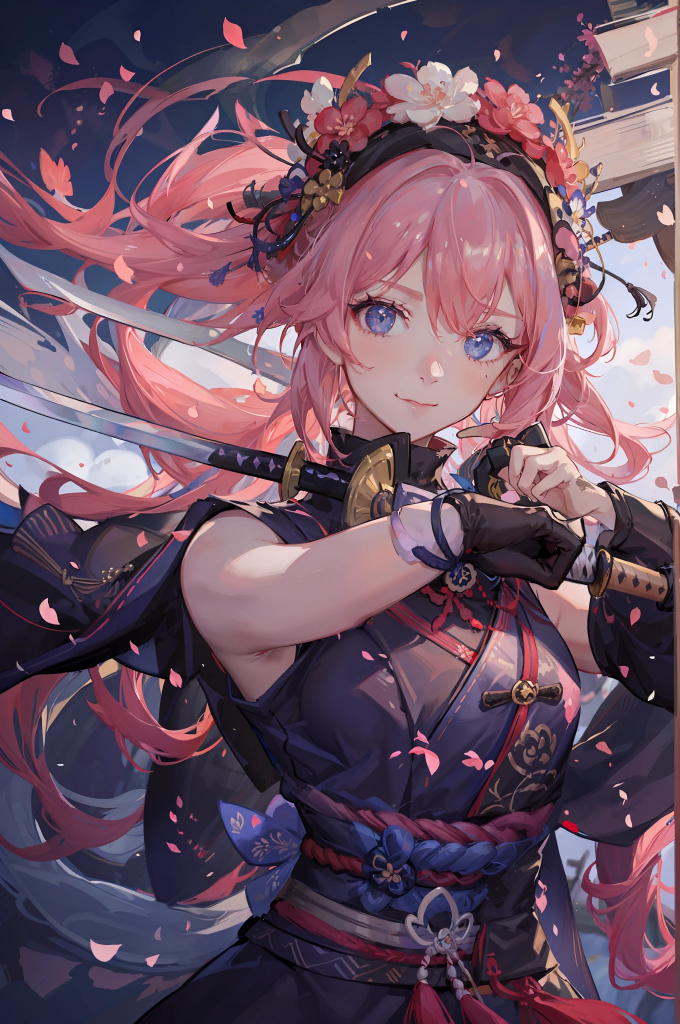 ((Cyberpunk woman in action with a samurai sword)), ((a costume with a cherry blossom petal motif)), ((highly exposed costume)), ((colorful samurai sword)), ((long multicolored hair)), ((background is otherworldly)), blue eyes, smile, glitter, artistic, nffsw, retina, masterpiece, accurate, super detailed, high detail, high quality, award winning, Highest Quality, High Definition, 1080p, Hard Disk, 4K, 8K, 16K