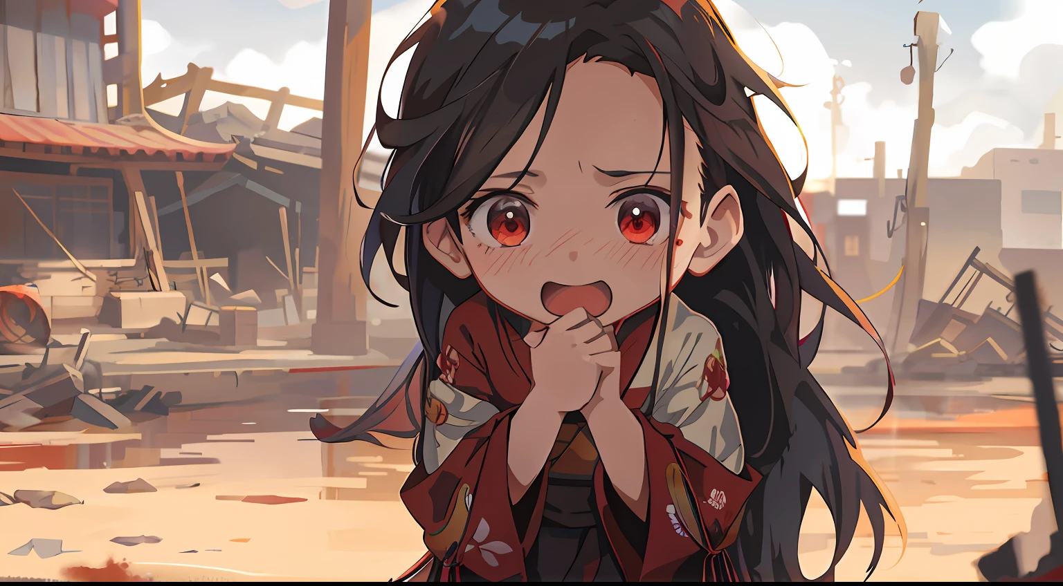 Anime girl with long hair and red kimono standing in ruins, Guviz-style artwork, anime visual of a cute girl, Kawasi, Guviz, Cute detailed digital art, Digital anime illustration, demon slayer rui fanart, Guweiz on ArtStation Pixiv, Guweiz in Pixiv ArtStation, Detailed digital anime art