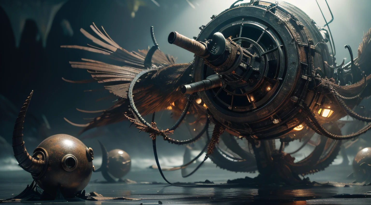 a heavily distorted, dim bounced light barren void, multiple sea creatures comprised of contorted feathers/machinery/pipes/rusted components is floating in the air, amorphous dark material is being warped and torn into remnants, extra detail, 4kHD details, best resolution, surrealistic composition, extreme view angle, motion blur, depth of field, foreshortening, tilted view angle, cinematic lighting, movie scene, precise details, intense details, panoramic image, image within image