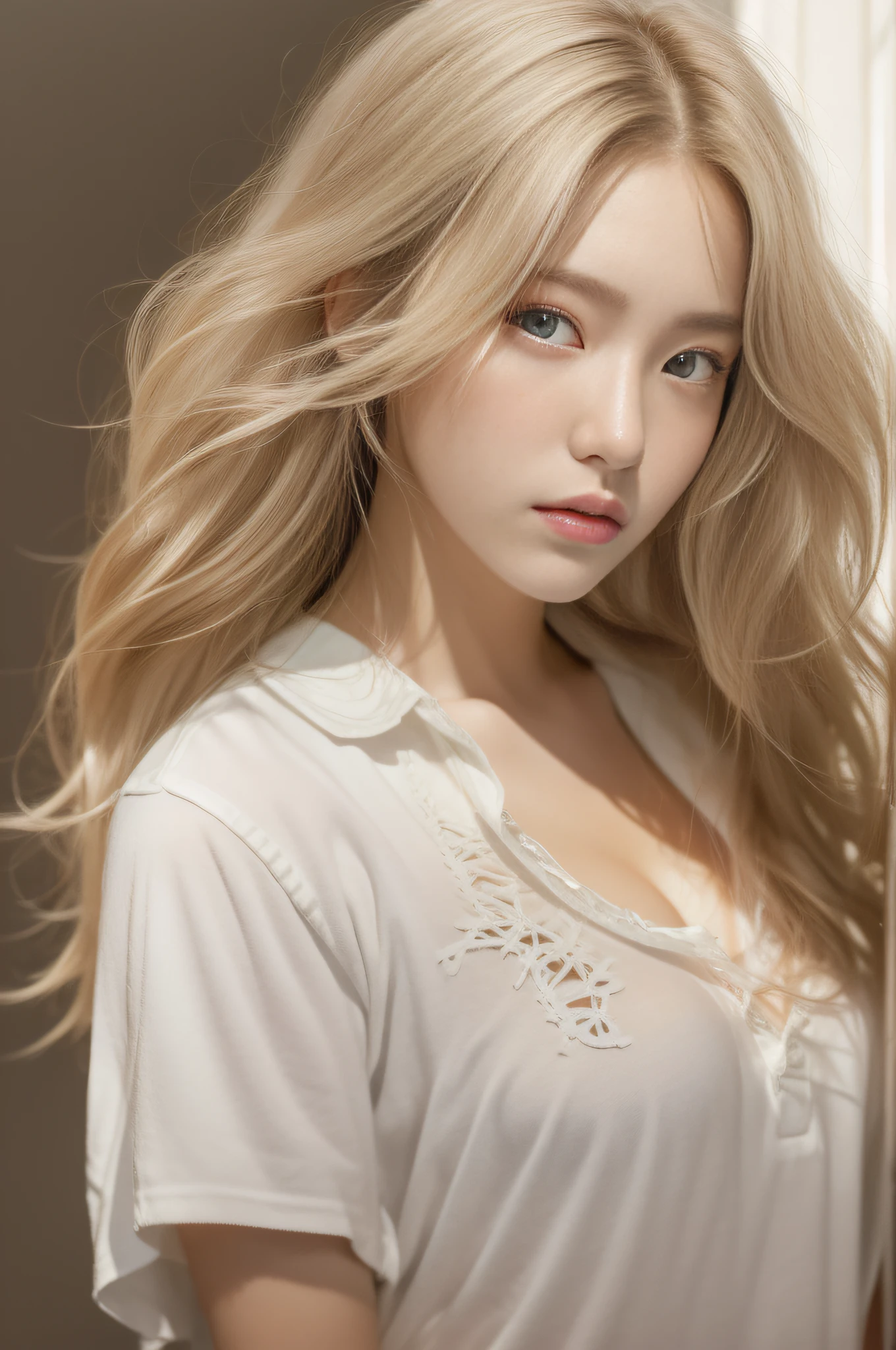 "Create realistic images, High resolution image featuring a beautiful Korean girl with white wavy hair..., Heterochromatic eye, She wears a loose white shirt and jean shorts that highlight small breasts...,nice skin,half body portrait,Open it up...,Waist view,Light brown hair,strong