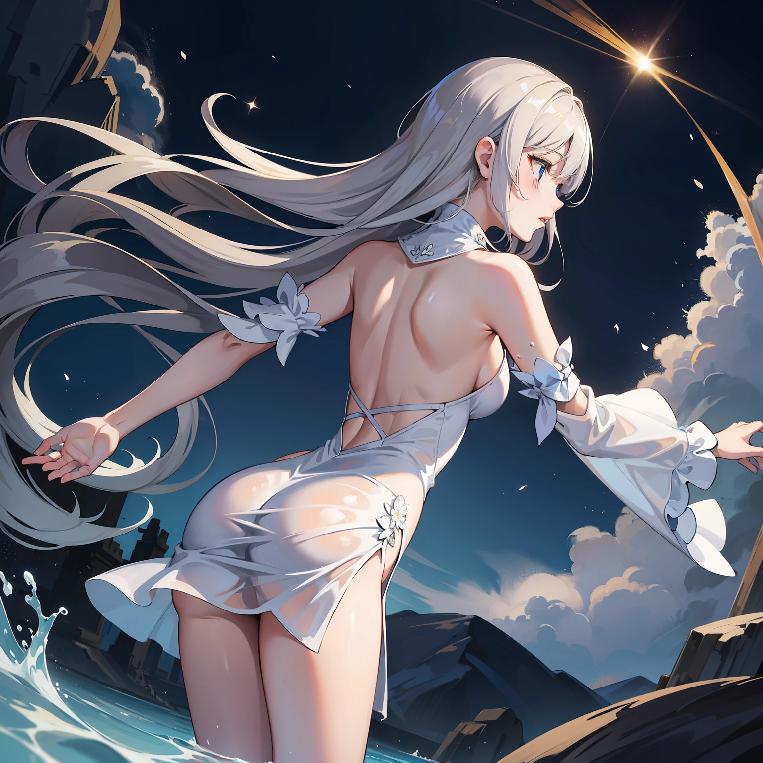 1girll, Solo, Dynamic Angle, Dynamic hair, Dynamic pose, Masterpiece, beautiful detailed hands, illustration, Beautiful and detailed night sky, 美丽细致的眼睛,  Cinematic light, Ultra detailed, Disheveled hair, sliver long hair, Curly hair, Buble, Darkness, White side slit dress, Wet, From behind,  in the water,from rear，Luminous white particles