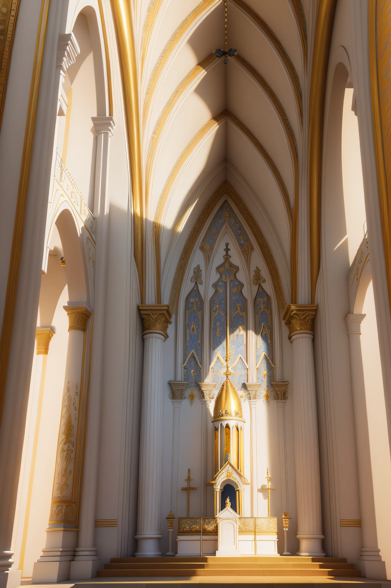 Beautiful religious structure typical of a Brazilian church, all worked in golden details with many white flowers around. Front View, High quality 3D Render, created by artificial intelligence. professional makeup. only the front frame.