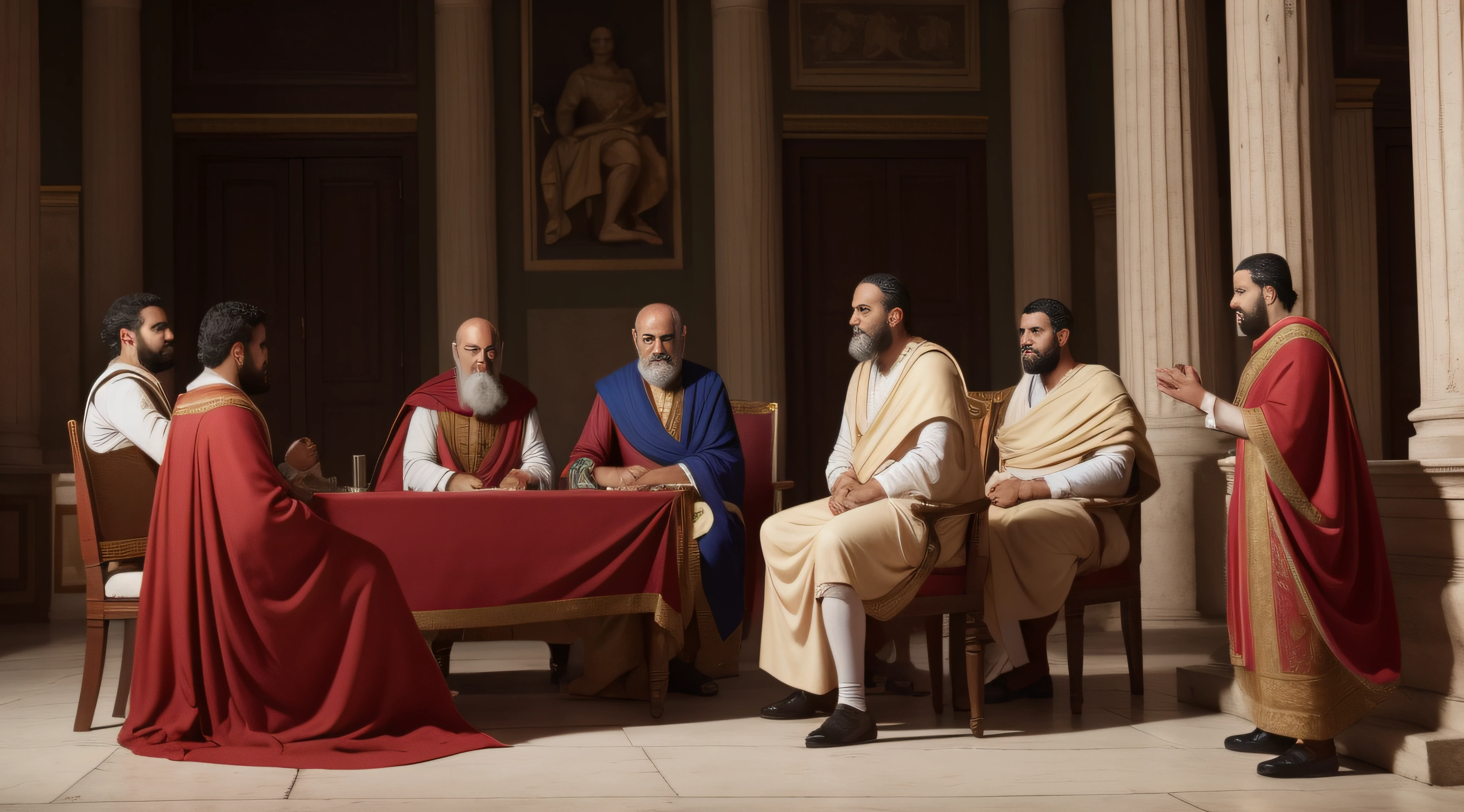People debating in a setting like ancient Rome, vestidos leves, detalhado, 4k, realista, barba