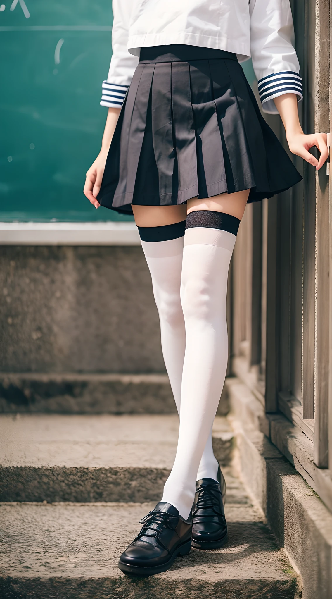 1girl, Cute, black-haired, , Smile, Looks pure, Sailor Suit, Photography, Realistic, Best Quality, Detailed face, Full body, slender, Slender legs, Long legs, Wearing thigh-high socks, shoes on, School, Classroom