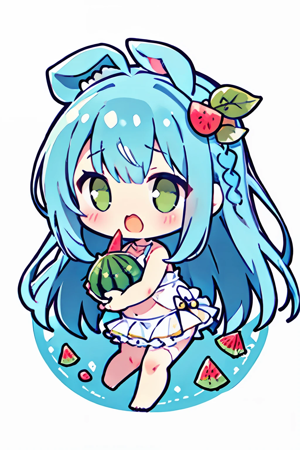 Chibi:1.2、(White background:1.3)::5],(imid shot:0.95),(Full body:1.25),
(Official art:1.2),
//,
(Falling down:1.1),
(fetal position:1.2),
Eat cut watermelon,
nose blush,cute little,Open mouth,mini crown,(white thighhig:1.3),
Raleigh, Girl,Bandaged Legs,Barefoot,Full body,Green eyes,Rabbit ears,(watermelons,mare、the beach:1.2),
aqua hair,Long hair,Blunt bangs,White swimwear,plunging neckline,Cross Halter Dress,Waistband,