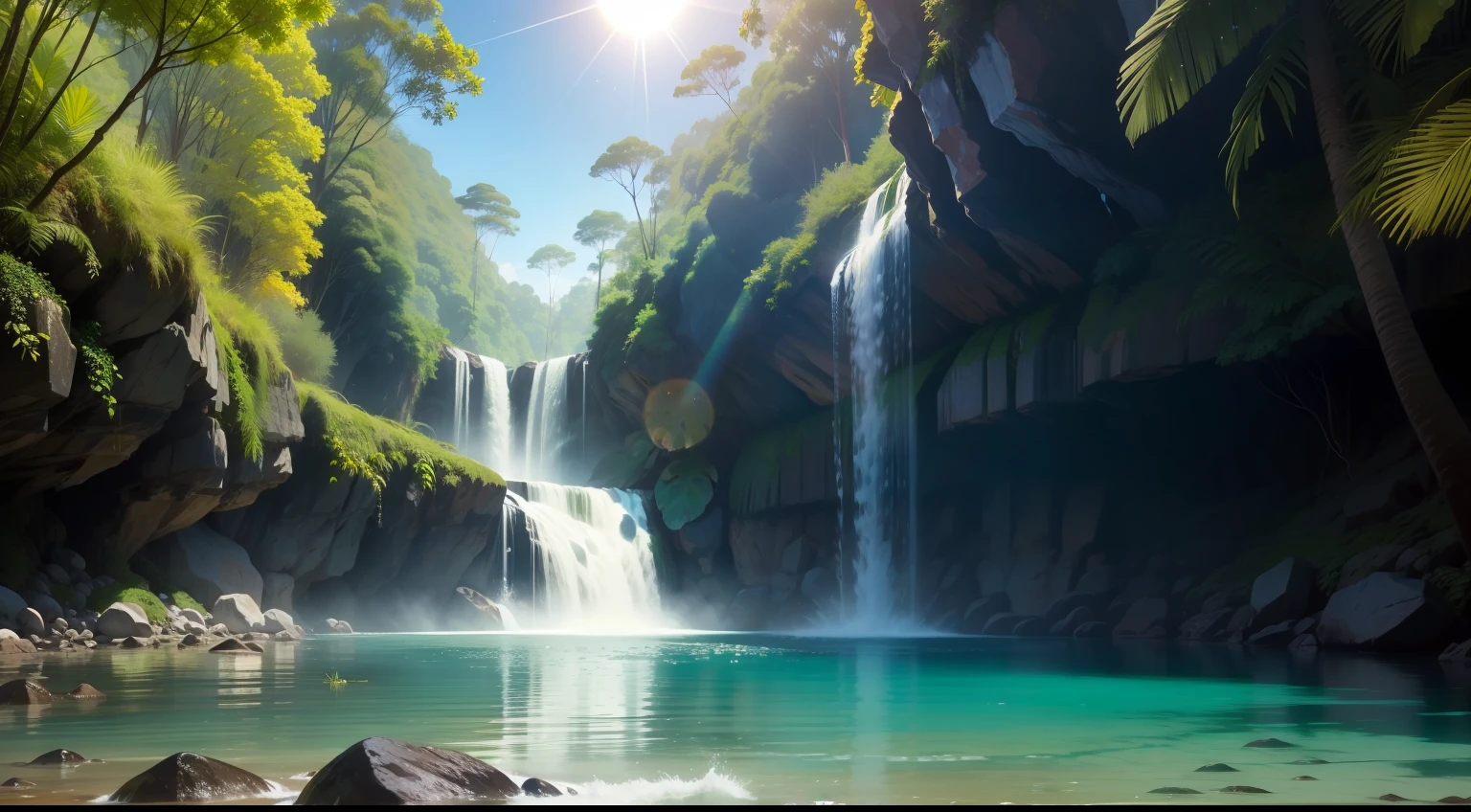 cachoeira, crystal water, real, floresta, vegetation, Midday sky with sun and no clouds, exuberante, magestoso,