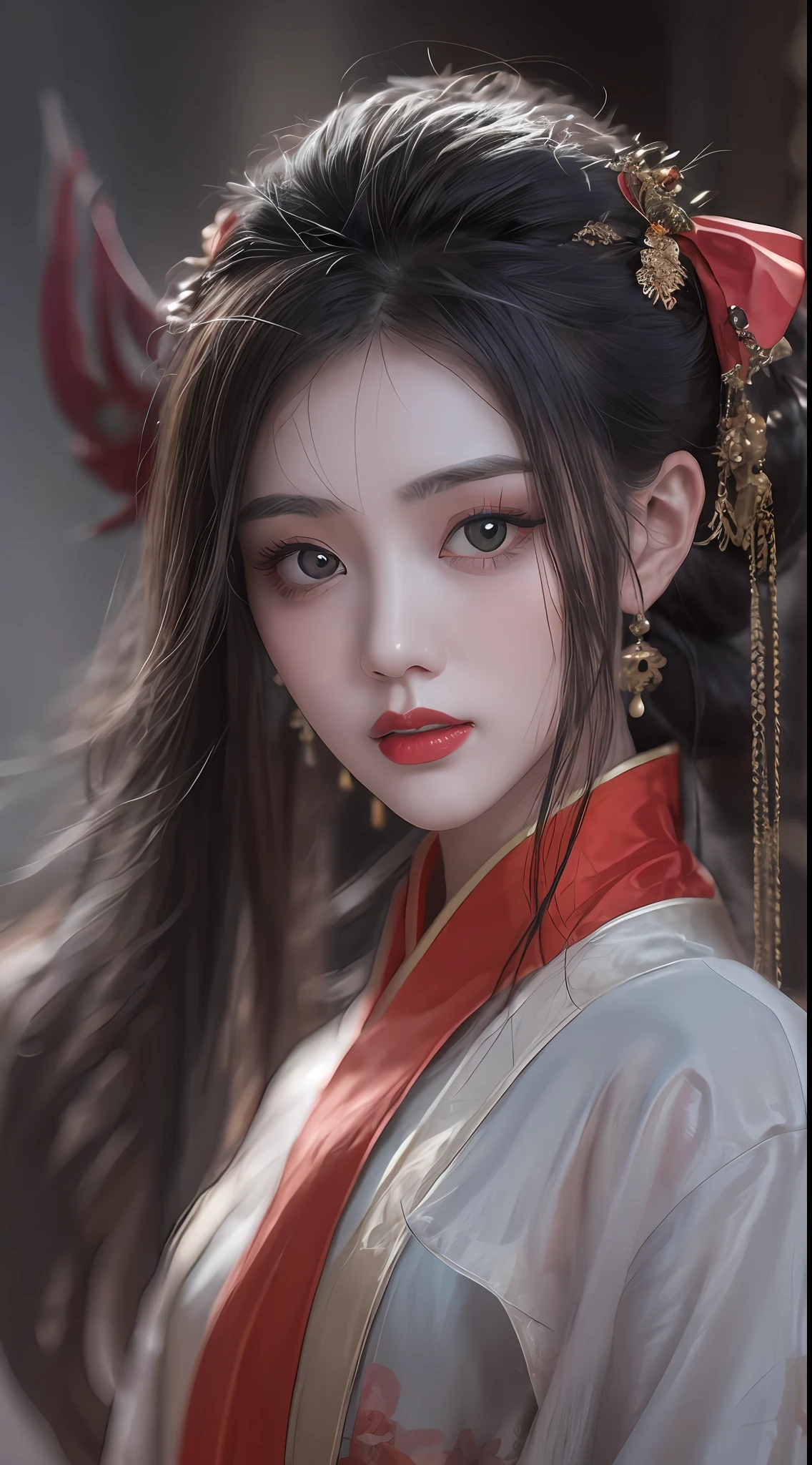 1 Extremely beautiful girl, In the Dark: 1.6), surreal female portrait by David Hockney and Alphonse Mucha, realistic art, Chinese super cute doll, cute little face,photorealism, dynamic lighting, artstation, volumetric lighting, very detailed faces, round face, ((round chin:1.9)), 8k ultra, Awarded, in the dark, deep shadow, low key, cowboy lens, (Red phoenix dress: 1.4), long hair, black hair, bust, luxurious palace, hanfu style, devil crown, black eyes make up very sharp and detailed, The most beautiful face, The breasts are very big and round and round, Super realistic, chinese women's clothing, polo neck sweater, Charming smile, The eyes are very well made up, eye bags under wet makeup, ((black eyes:0.7)), guweiz, dunhuang style, wearing black mesh socks, Ponytail with a bow tied at the back of the hair, red lipstick, ((thick upper lip:0.6)), small and red lips, wearing a thin red and black robe, Hands pull the straps to reveal sexy breasts, the landscape is overcast and thunderous, (upper body portrait), Close-up of the main character, (Background details 1.8),HDR, UHD, 8kquality, detailed pixel,