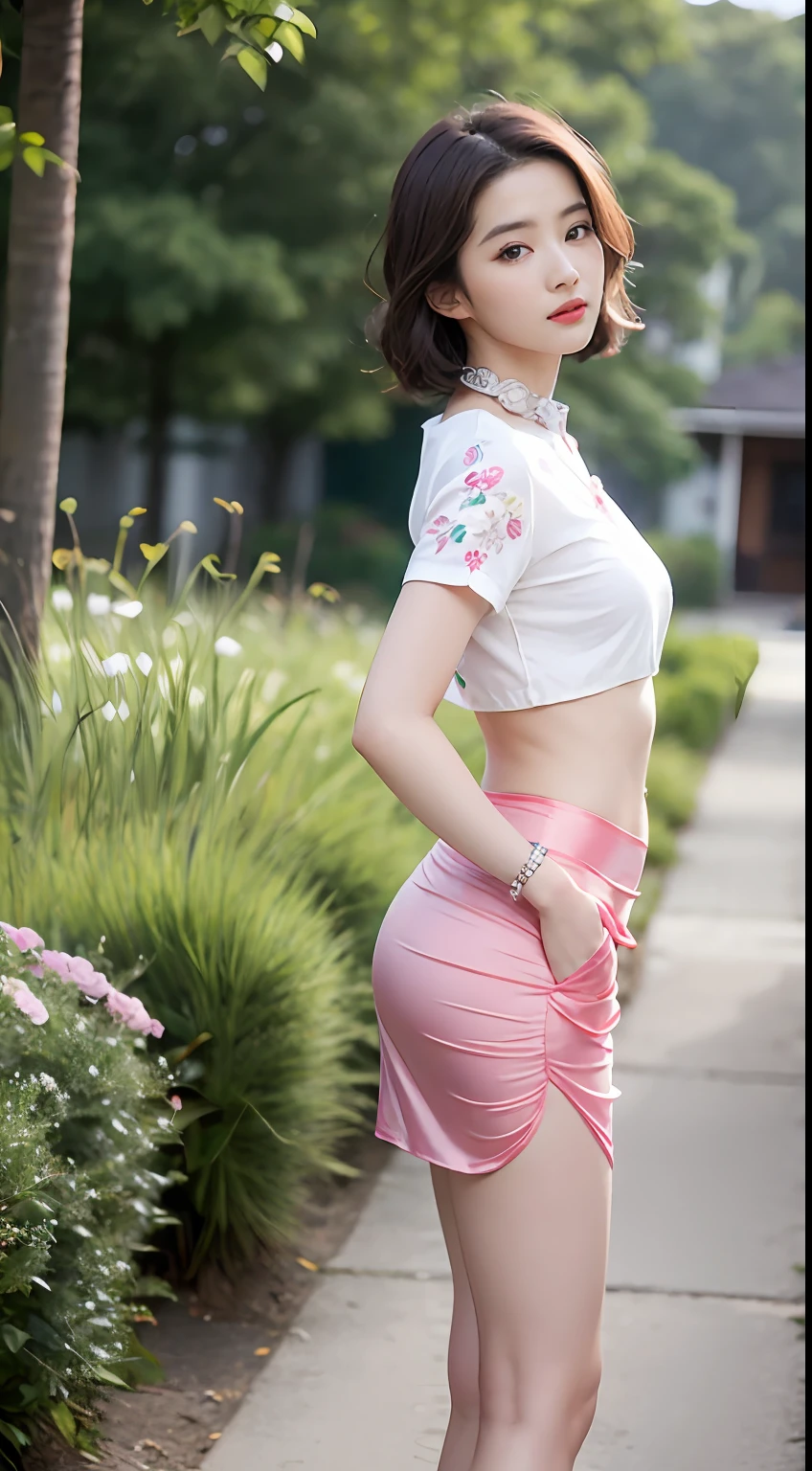 NSFW, 8K Raw photograph, best qualtiy, tmasterpiece, 超高分辨率, filmgrain, cinematic ligh, 1girll, looking at viewert, Natural skin texture, Realistic Eyes and Face Details, full pouty lips, lipsticks, (putting makeup on), Red eyeshadow, Short fluffy hair, messy hair, ssmile, Rejoice, beautifullegs, Tall women, slim, Slim legs, 独奏, Brustwarzen, glute,Pose for you, Solid color silk skirt, hindquarters, Beautiful natural location, Location of flowers around, (detailedbackground) , Show a little through the shirt, Footwear, vague background, bblurry, halter,, short- sleeved, The ribbon is around the neck, JK ribbon, brown hair, bangle, Eau, By bangs, jewely, parted lip, cparted lips, From the side Side, depth of fields,beachside,zona rural,Printed silk belly pocket,are standing,