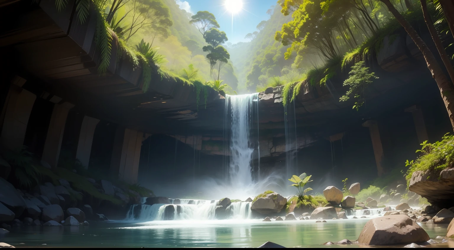 cachoeira, crystal water, real, floresta, vegetation, Midday sky with sun and no clouds, exuberante, magestoso,