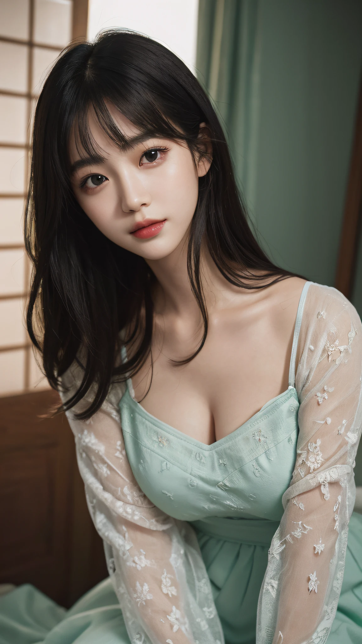 Masterpiece, best picture quality, high quality, beautiful woman, Japanese, popular Korean makeup, detailed, swollen eyes, detailed eyes, detailed skin, beautiful skin, ultra high resolution, (reality: 1.4),very beautiful, slightly younger face, beautiful skin, slender, (ultra realistic), (illustration), (high resolution), (8K), (very detailed) (best illustration), (beautifully detailed eyes), (super detailed), (wallpaper), (detailed face), looking at viewer, fine detail, detailed face, pureerosfaceace_v1, smiling, looking straight ahead, looking straight ahead, angle from waist up, realistic photo, bright lighting, professional lighting, black hair (some green), long hair, dark ruins, big red moon, gorgeous red and black dress, mature woman, long stylish bangs,