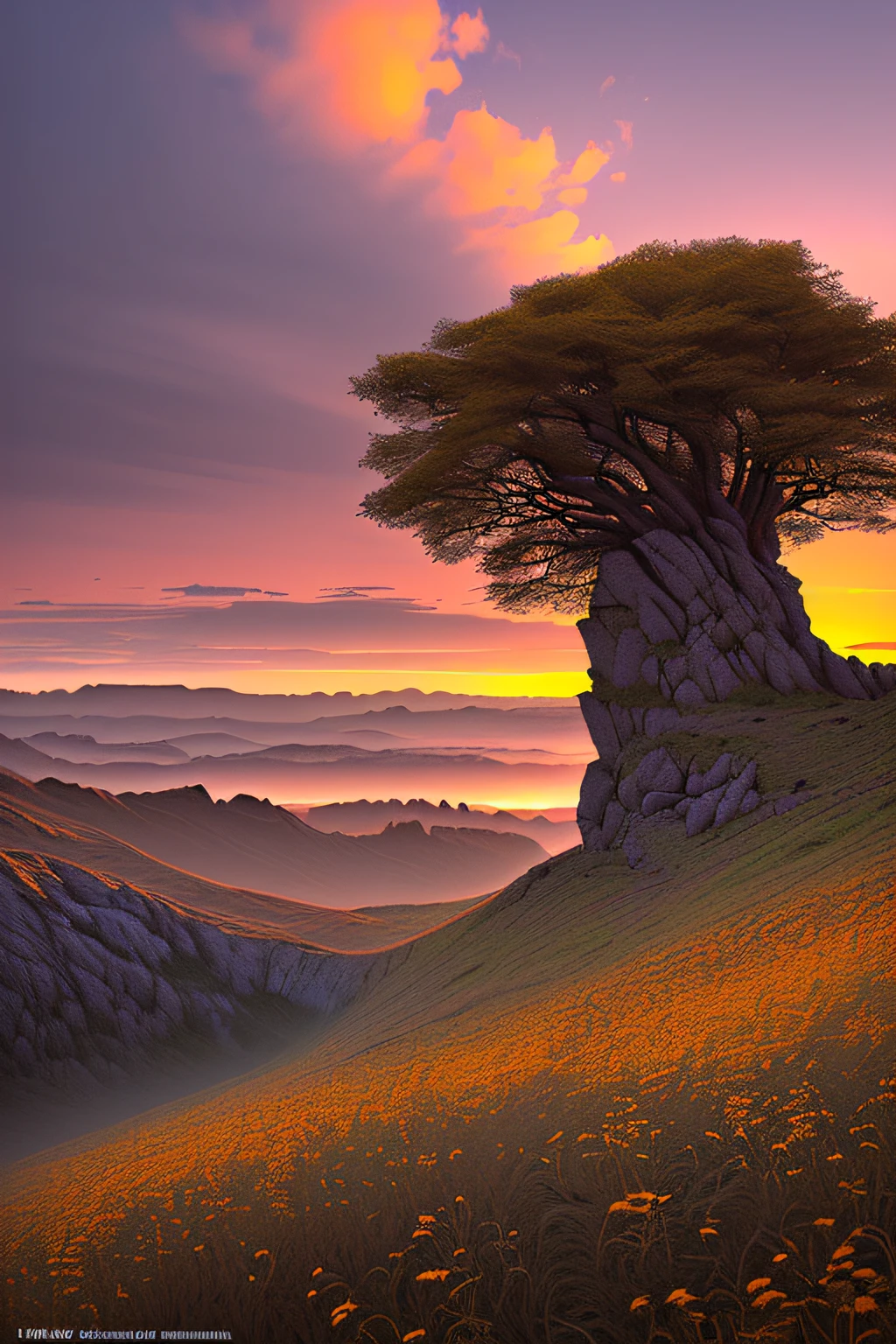 a stunning sunset vista landscape photography, Masterpiece, trending on CGSociety, 4K, 8K, HD, [art  stations:1], concept-art, Highly detailed, Sharp focus, [Subsurface scattering:1], Art by Ida Kar and Newsha Tavakolian