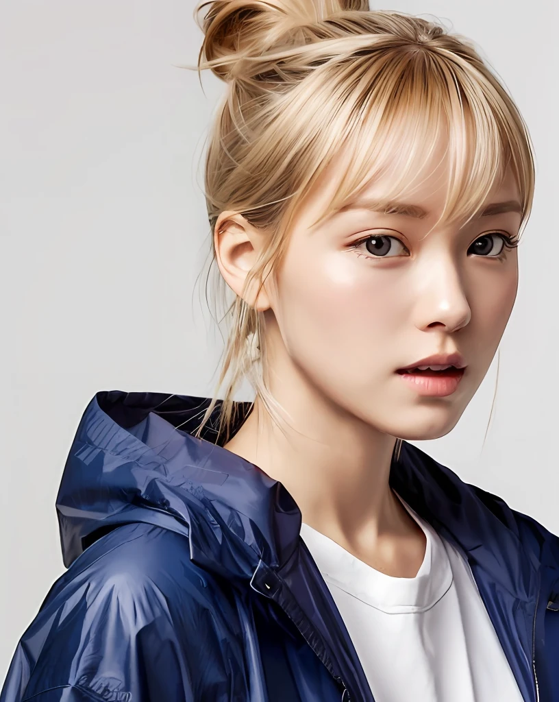 bestquality, ung woman, bara, Cartoon Image , simple background, Blue raincoat, Blonde ponytail hairstyle,dark brown eyes, The expression on his face was flat....,