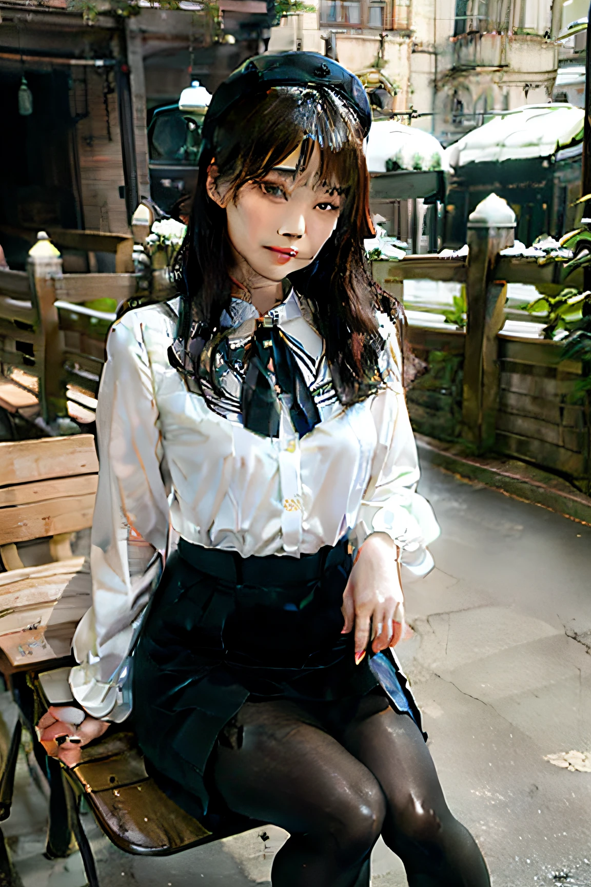 Best quality, full body portrait, delicate face, pretty face, 25 year old woman, slim figure, small bust, OL uniform, office clothes, black stockings, outdoor scene, sitting position