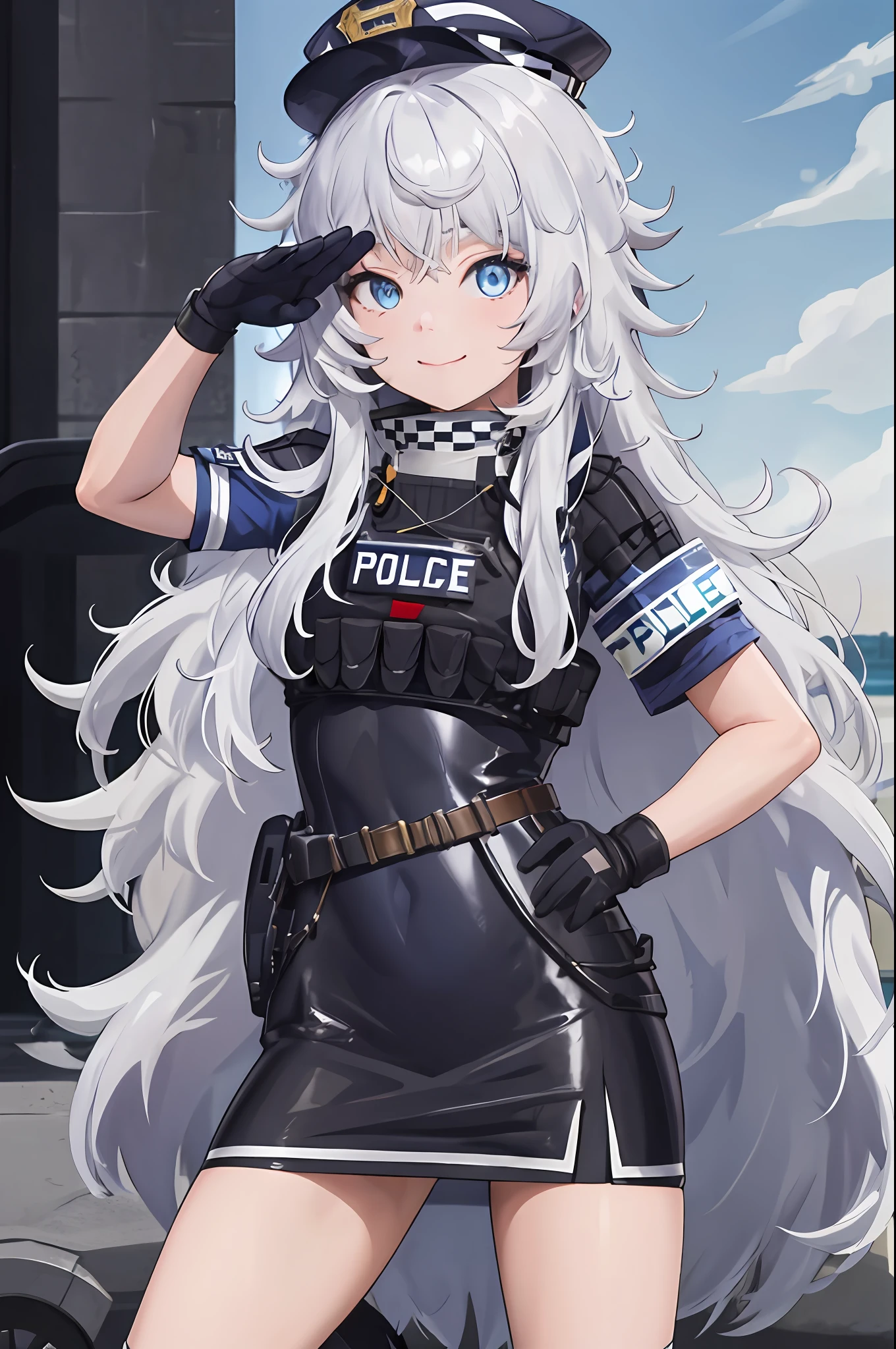 masutepiece, Best Quality, hight resolution, 1girl in, Solo, Long hair, hat, Blue eyes, White hair, hair messy, Black Gloves, White socks, Police Uniform, Black skirt, Short sleeves, Cowboy Shot, Salute, put hands on the hip,ssmile,