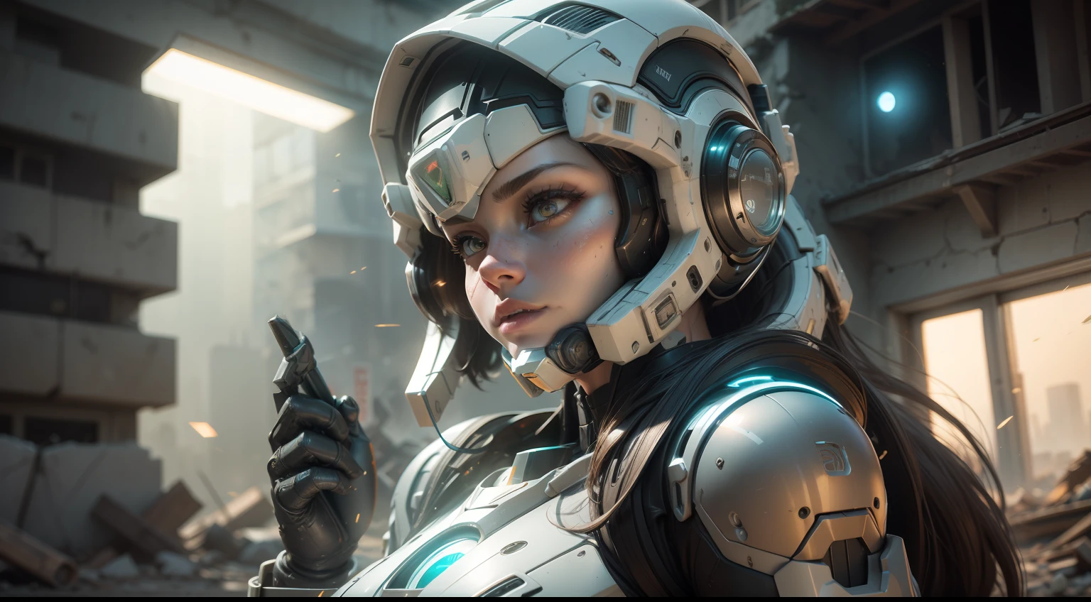((Best quality)), ((masterpiece)), (highly detailed:1.3), 3D,Shitu-mecha, beautiful cyberpunk women with her mecha in the ruins of city from a forgoten war, ancient technology,HDR (High Dynamic Range),Ray Tracing,NVIDIA RTX,Super-Resolution,Unreal 5,Subsurface scattering,PBR Texturing,Post-processing,Anisotropic Filtering,Depth-of-field,Maximum clarity and sharpness,Multi-layered textures,Albedo and Specular maps,Surface shading,Accurate simulation of light-material interaction,Perfect proportions,Octane Render,Two-tone lighting,Low ISO,White balance,Rule of thirds,Wide aperature,8K RAW,Efficient Sub-Pixel,sub-pixel convolution,luminescent particles,light scattering,Tyndall effect