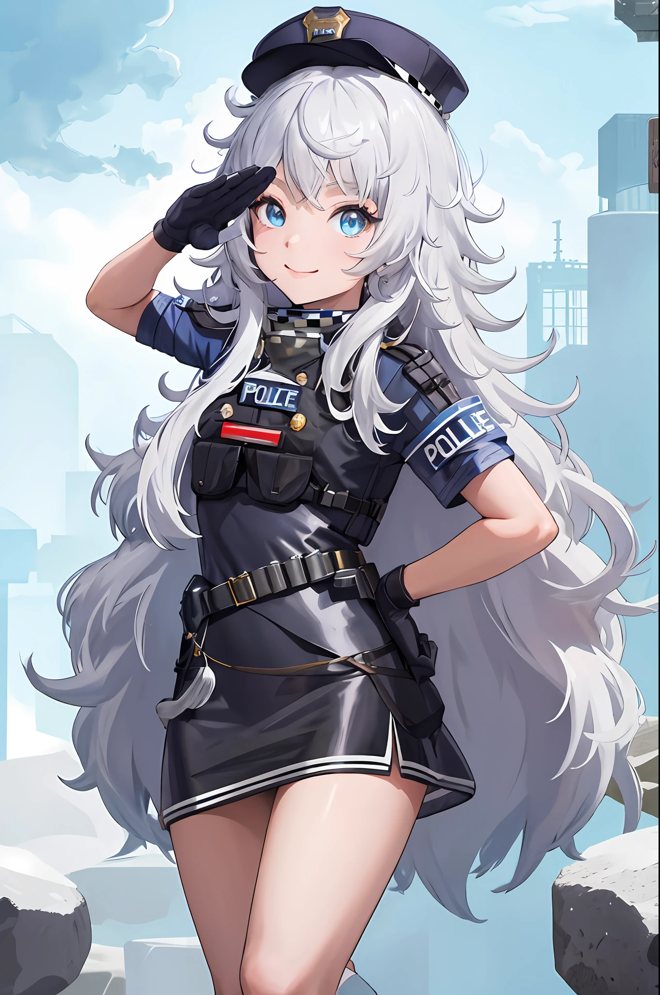 masutepiece, Best Quality, hight resolution, 1girl in, Solo, Long hair, hat, Blue eyes, White hair, hair messy, Black Gloves, White socks, Police Uniform, Black skirt, Short sleeves, Cowboy Shot, Salute, put hands on the hip,ssmile,