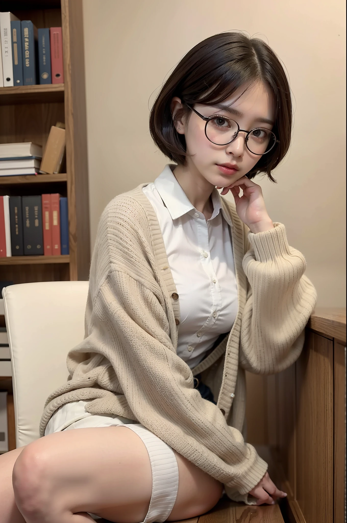 Photo Real、photoRealstic　Dark hair、Short hair、bangss　drooing eyes、with round face、The contours of the face are round、Plump cheeks、small mouth　eye glasses、Round glasses、Big glasses、Black-rimmed glasses、Beige cardigan、Beige skirt、white  clothes　School teacher、30-years old、japanes、tiny body、Young Face、Soft thighs　Faces close、Face Close-up、Close distance、Staring at this、Leaning against the bookshelf、Blushing　Background with、bookcase、Timber wall、wood floor、Dark place