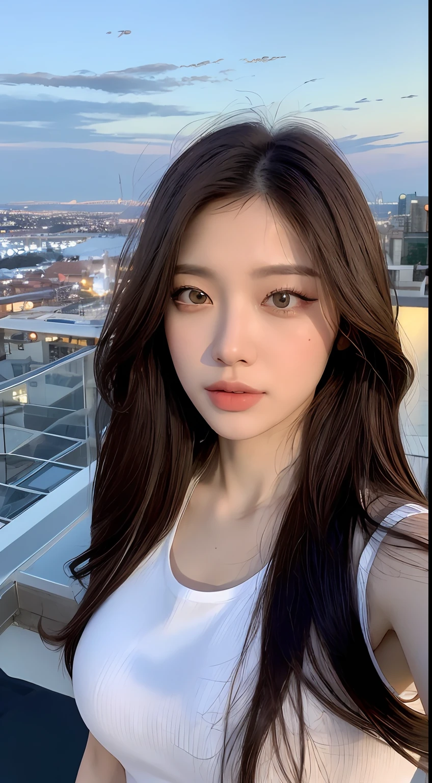 ((Midnight, Best quality, 8k, Masterpiece :1.3)), Whole body, Long legs, Sharp focus :1.2, A pretty woman with perfect figure :1.4, Slender abs :1.1, ((Dark brown hair, Big breasts :1.2)), (White tight tshirt, Jean bib, Standing:1.2), ((Night city view, Rooftop:1.3)), Highly detailed face and skin texture, Detailed eyes, Double eyelid