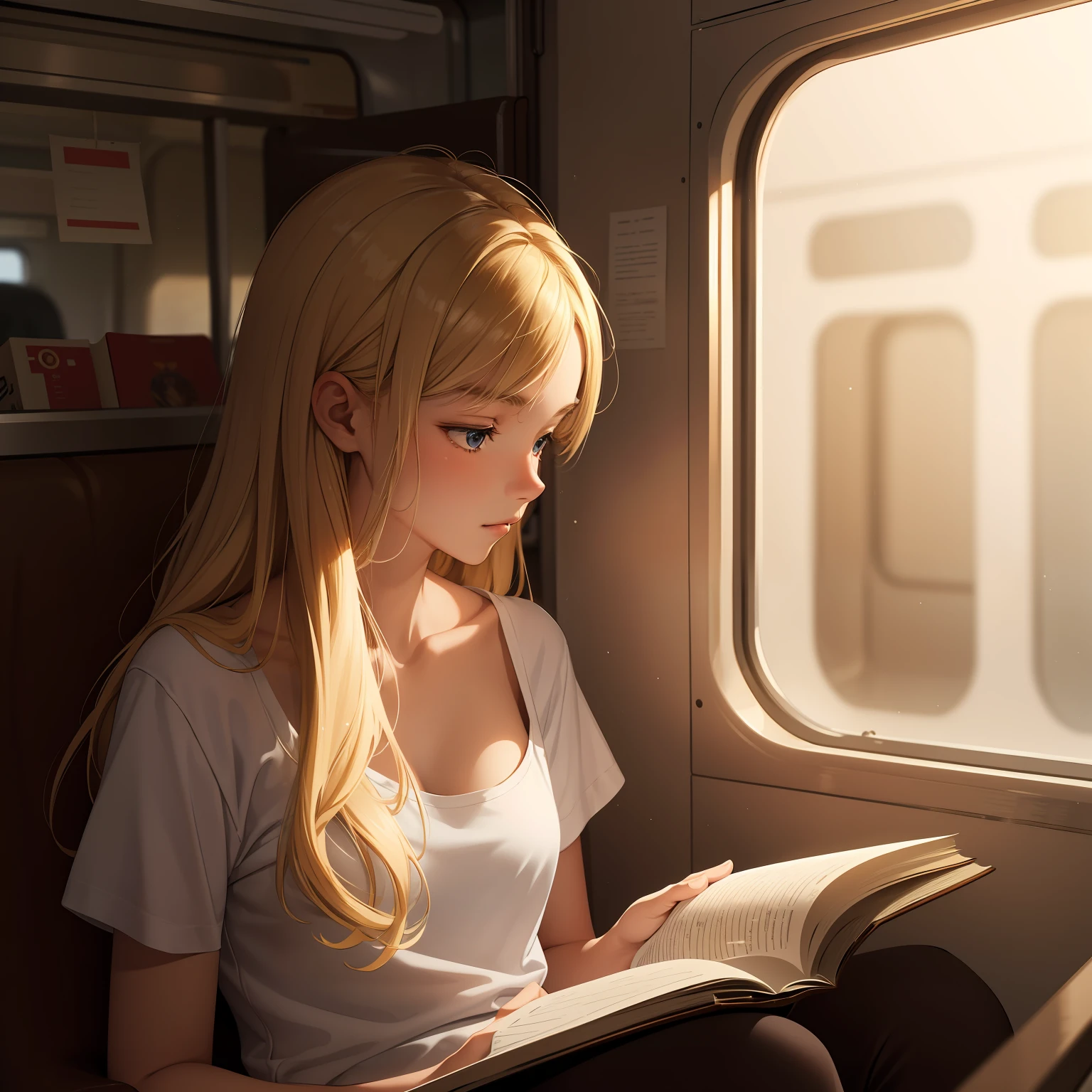 (masterpeace, best quality) 13yo girl, teen, long blonde hair, white t-shirt, reading book, in a train compartment, warm, volumetric lighting, soft light, bright
