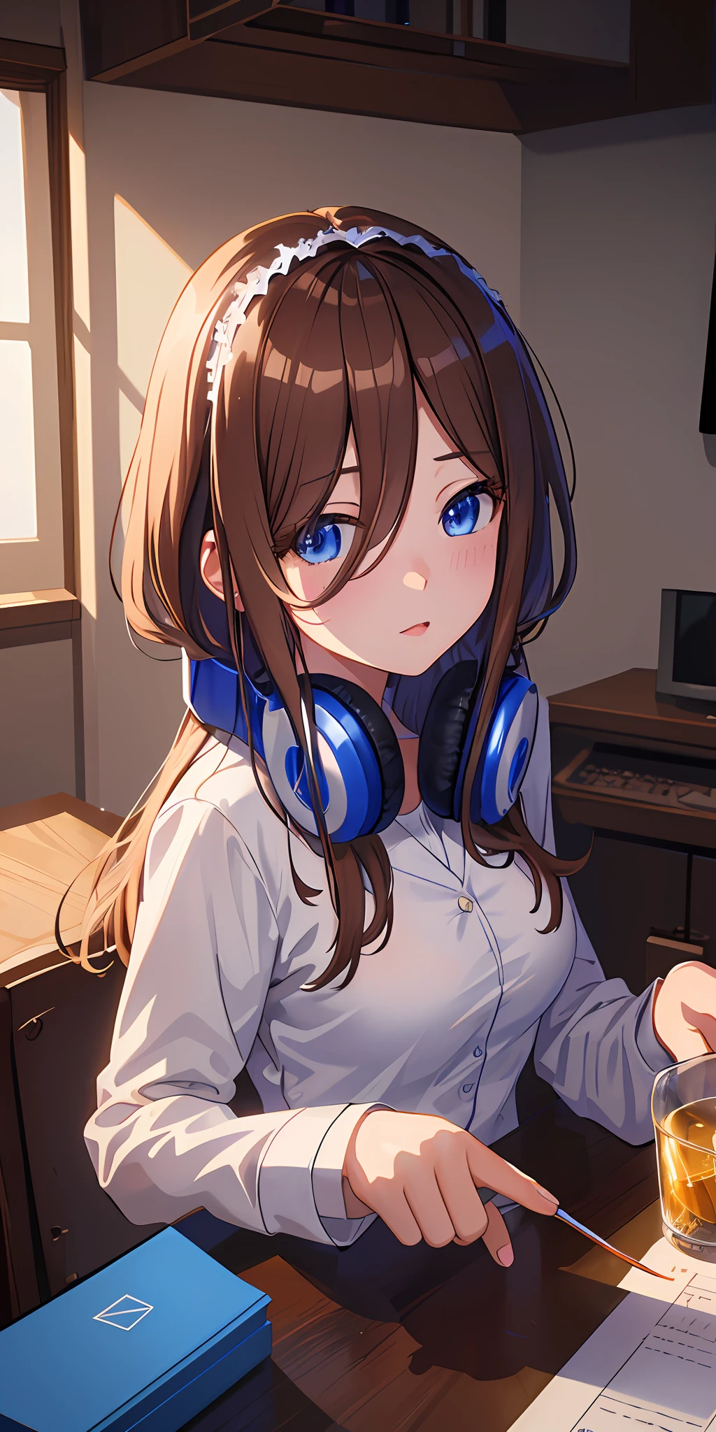 Masterpiece, best quality, (very detailed CG unity 8k wallpaper) (best quality), (best illustration), (best shadows), Miku Nakano, Miku, brown hair, blue eyes, headphones, uniform, indoors, beautiful detailed eyes