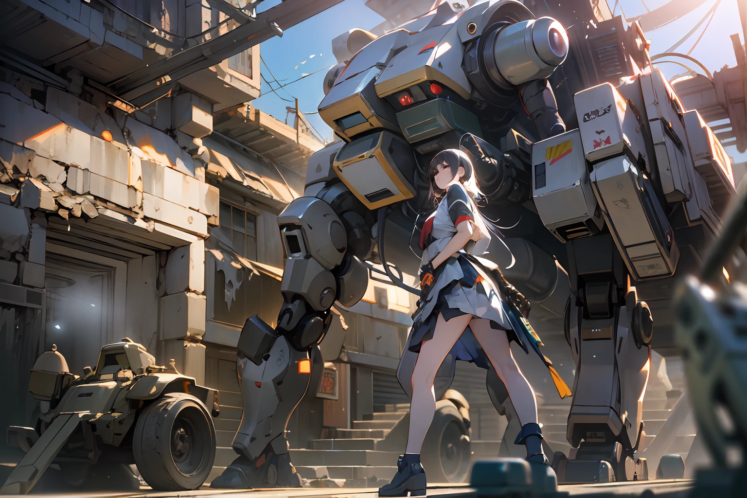 ((Best quality)), ((masterpiece)), (highly detailed:1.3), 3D,Shitu-mecha, beautiful cyberpunk women with her mecha in the ruins of city from a forgoten war, ancient technology,HDR (High Dynamic Range),Ray Tracing,NVIDIA RTX,Super-Resolution,Unreal 5,Subsurface scattering,PBR Texturing,Post-processing,Anisotropic Filtering,Depth-of-field,Maximum clarity and sharpness,Multi-layered textures,Albedo and Specular maps,Surface shading,Accurate simulation of light-material interaction,Perfect proportions,Octane Render,Two-tone lighting,Low ISO,White balance,Rule of thirds,Wide aperature,8K RAW,Efficient Sub-Pixel,sub-pixel convolution,luminescent particles,light scattering,Tyndall effect
