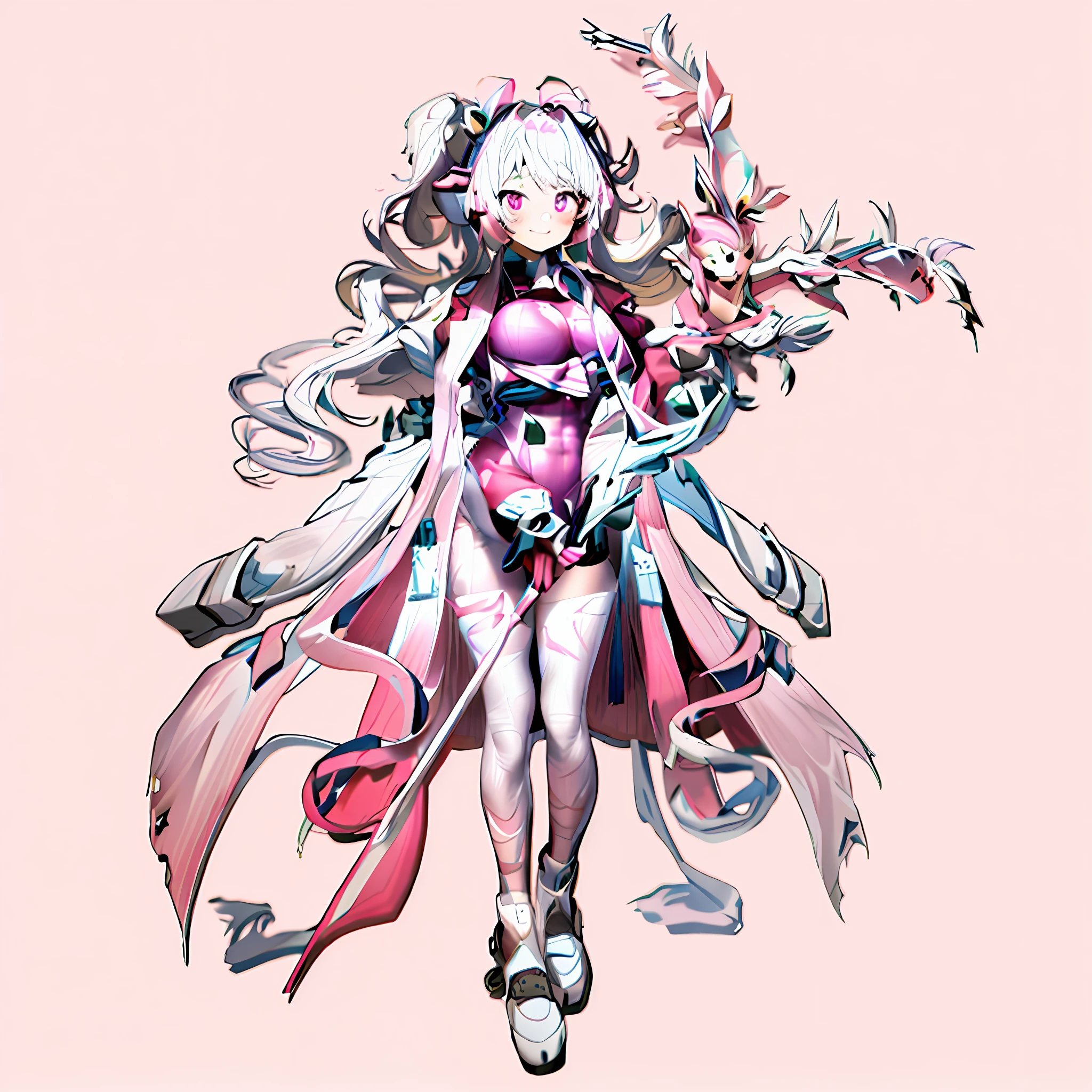 1girll, Animal ears, bangs, Blush, tightsuit, Breasts, Closed mouth, Fake animal ears, mitts, Earphone, headset on head, Horse Ears, Impossible clothes, Jacket, Large breasts, Long hair, Long sleeves, view the viewer, pink leotard, Pink eyes, Simple background, skin tight, Smile, Solo, double tails, Upper body, Very long hair, White background, White gloves, White hair,Alice \(Nikke\),(Masterpiece:1.4),(Best quality:1.4),(Shiny skin),Realistic