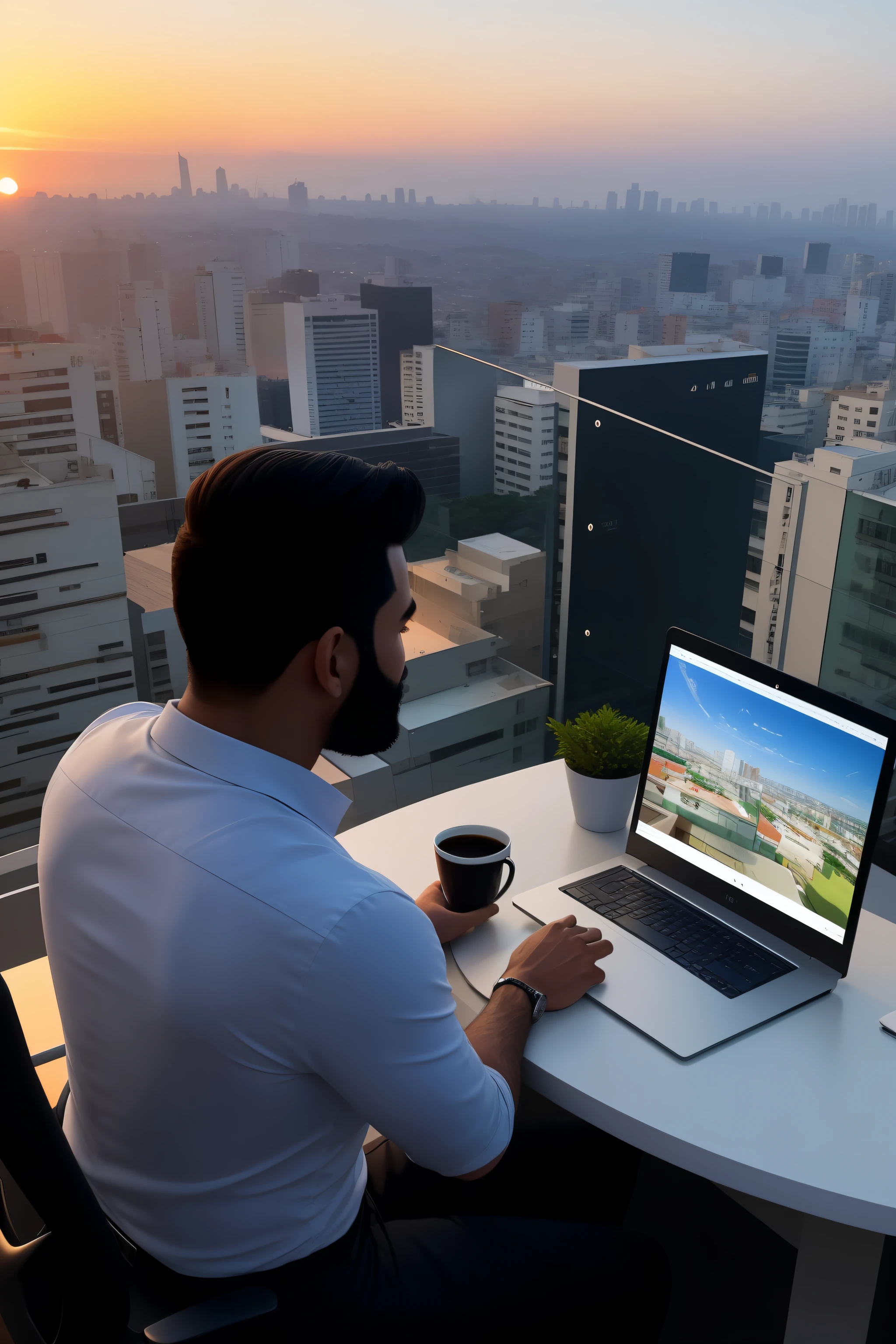 there is a man sitting at a table with a cup of coffee, sentado em frente ao computador, na frente de um computador, sentado em um computador, Usando seu PC desktop, olhando para o monitor, sentado em uma mesa de computador, codificador criativo com um computador, artista digital, sentado na mesa no teclado, home office, foto de retrato, foto tirada, rooftop, janela com vista, cidade grande, futuristico, sunset