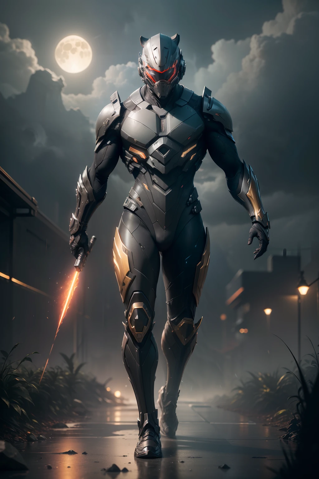 1 Tiger, WARFRAME, intricate pattern, heavy metal, energy lines, faceless, glowing eyes, elegant, intense, blood red and black uniform, solo, jungle, paths, dark clouds, thunderstorm, heavy rain, dramatic lighting, (masterpiece:1.2), best quality, high resolution, beautiful detailed, extremely detailed, perfect lighting,(full body, (dynamic pose), action pose), (rim lighting, studio lighting, distant moon light, night, bloom), (cinematic, best quality, masterpiece, ultra HD textures, highly detailed, hyper realistic, intricate detail, 8k, photorealistic, concept art, matte painting, autodesk maya, vray render, ray tracing, hdr), (dslr, full frame, 16mm focal length, f/8 aperture, dynamic perspective, dynamic angle, golden ratio, wide photography, wide field of view, deep depth of field, zoom out) techwear, urbansamurai 3d, realistic cyborg in a cyberhelmet head