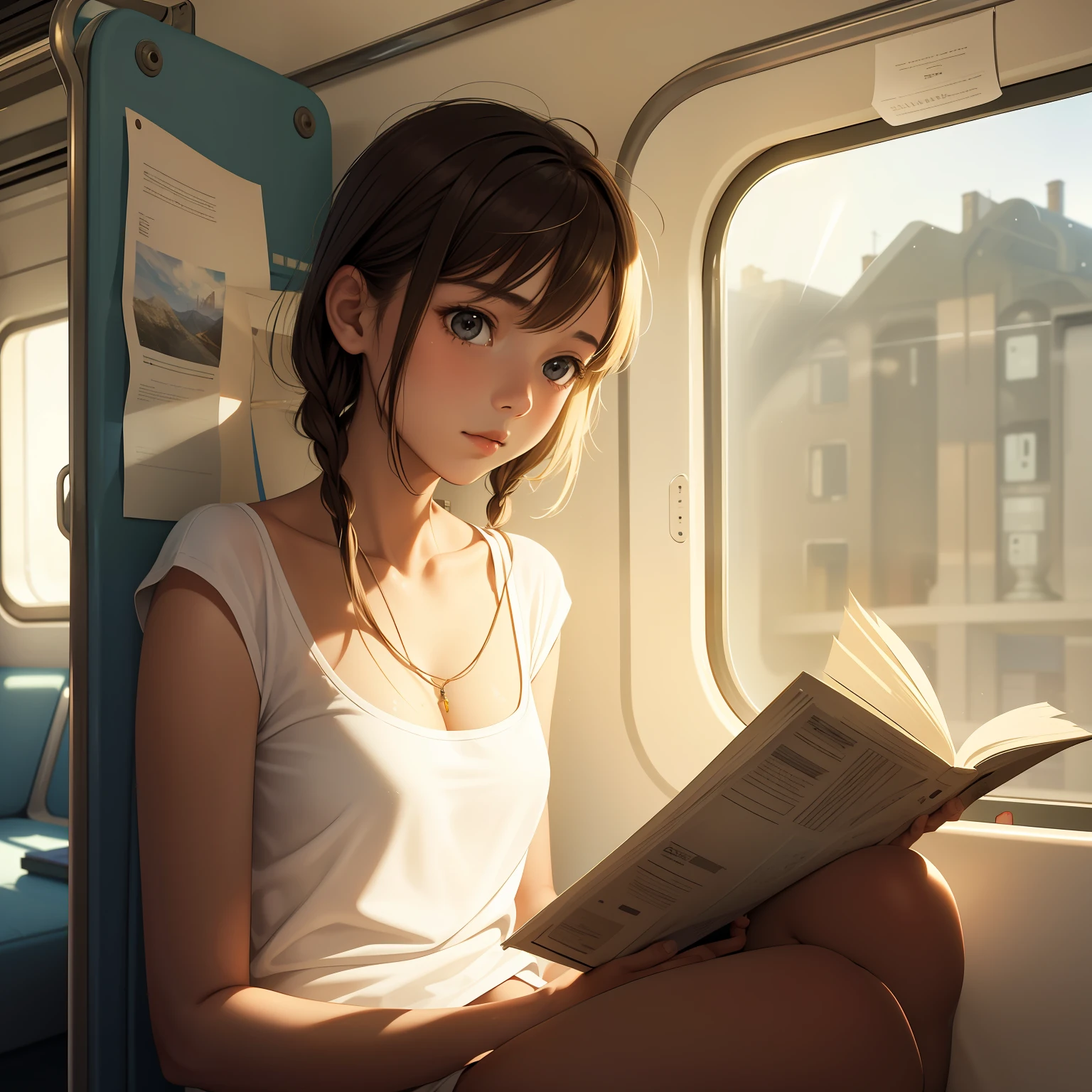 (masterpeace, best quality) girl, teenite t-shirts, reading book, in a train compartment, warm, volumetric lighting, soft light, bright