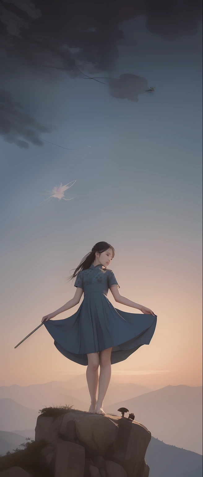 ((4k,masterpiece,best quality)), shuimobysim, Traditional chinese painting, lotuses, Hanfu, maxiskit, Dress conservatively 1girl, solo, blue long hair, ssmile, standing on your feet, The feet are at the top of the mountain, The barefoot,holding a longsword,Phoenix in the background