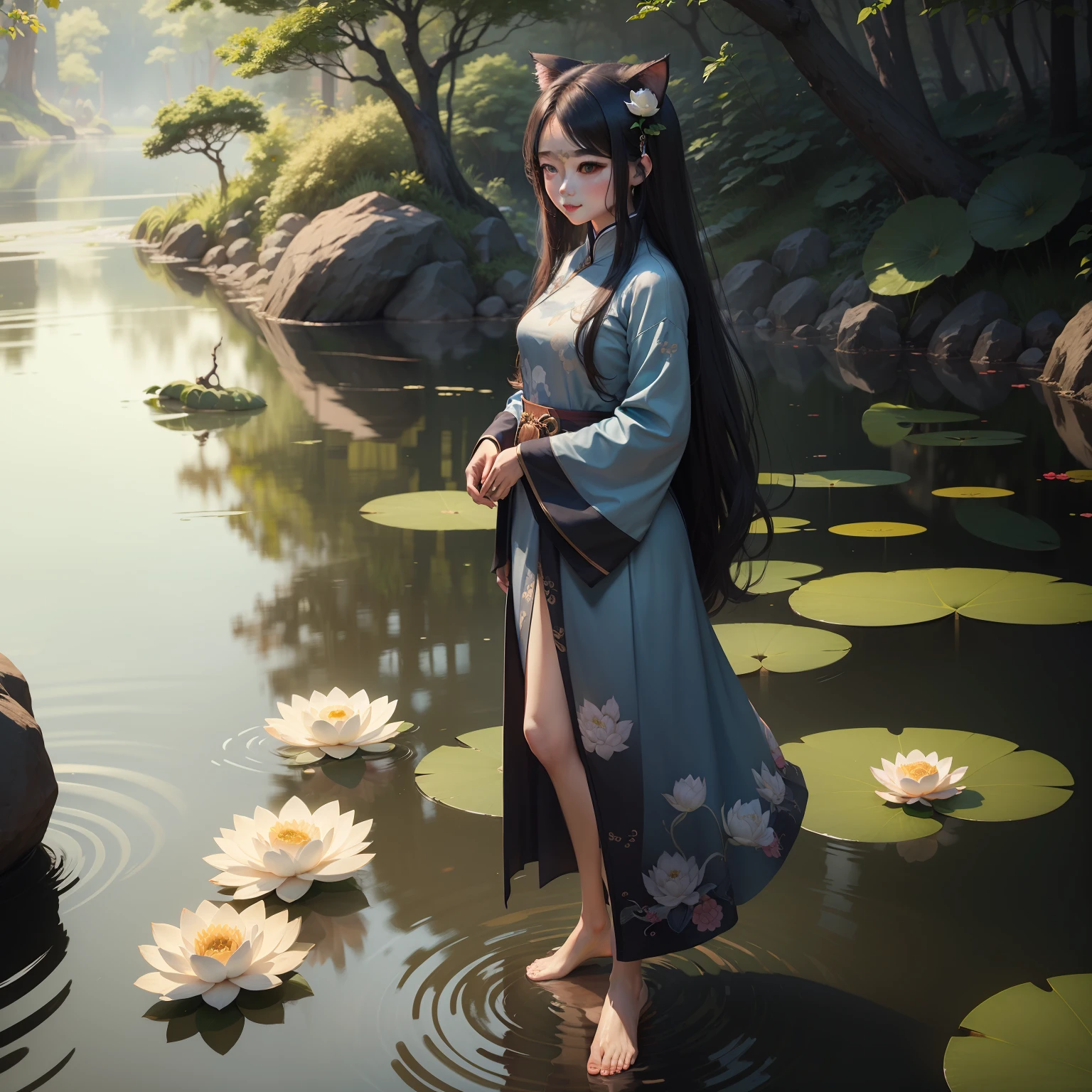 ((4k,masterpiece,best quality)), shuimobysim, Traditional chinese painting, lotuses, Hanfu, maxiskit, Dress conservatively 1girl, solo, blue long hair, ssmile, standing on your feet, Feet in the water, The barefoot,cat ear，