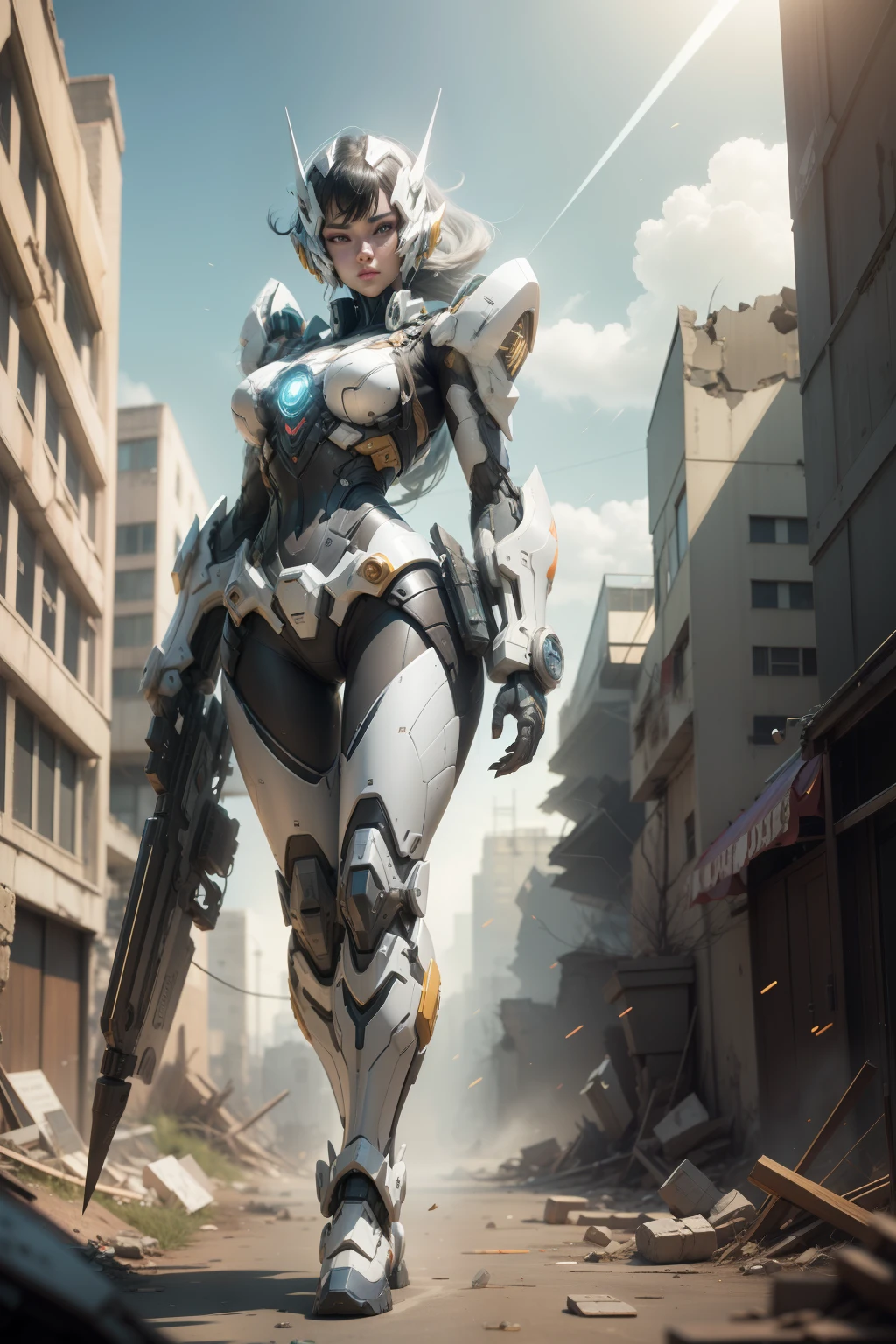 ((Best quality)), ((masterpiece)), (highly detailed:1.3), 3D,Shitu-mecha, beautiful cyberpunk women with her mecha in the ruins of city from a forgoten war, ancient technology,HDR (High Dynamic Range),Ray Tracing,NVIDIA RTX,Super-Resolution,Unreal 5,Subsurface scattering,PBR Texturing,Post-processing,Anisotropic Filtering,Depth-of-field,Maximum clarity and sharpness,Multi-layered textures,Albedo and Specular maps,Surface shading,Accurate simulation of light-material interaction,Perfect proportions,Octane Render,Two-tone lighting,Low ISO,White balance,Rule of thirds,Wide aperature,8K RAW,Efficient Sub-Pixel,sub-pixel convolution,luminescent particles,light scattering,Tyndall effect