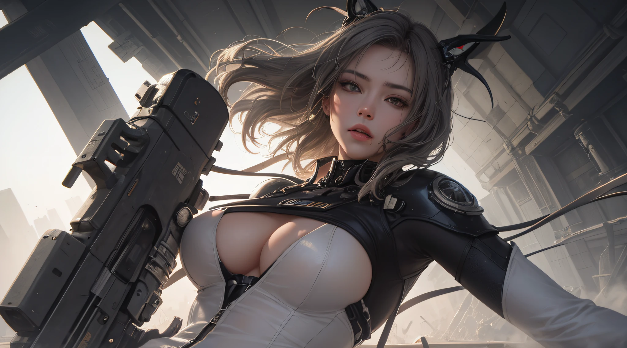 Losing portrait of woman in wetsuit with big gun, smooth digital concept art, an oppai cyberpunk, glossy wet skin!!, biomechanical oppai, Painted in high resolution, wet shiny skin, 8k high quality detailed art, [ 4 k digital art ]!!, Very detailed ArtGerm, rendered in sfm, fanart best artstation(Very cute woman gets futuristic cyberpunk hotel bodysuit completely torn sexy、Perfect body-wide coverage))。Afro Curly Black Medium Length Hair、40k、a picture、​masterpiece、top-quality、Dark gray background、((1 Girl Glen's eyes and gorgeous light gray hair、Beautiful perfect face、juicy lips、de pele branca))。Sexy ass soft breasts and white skin、Bimbo lips、Beautiful Caucasian woman in T pose。long legged((perfect chest:1.4))、((Very soft breasts))、hyperdetailed face、A detailed eye。Inside the city at night。(((she is soaking wet)))、Her clothes were torn and torn.、Damaged、Skin exposed、White substance and water running down her body、nipple areola protrudes、Underwear is slipping off、Metamorphosis、Sexy Pornstar Pose、Have a futuristic sniper gun、Holding a gun