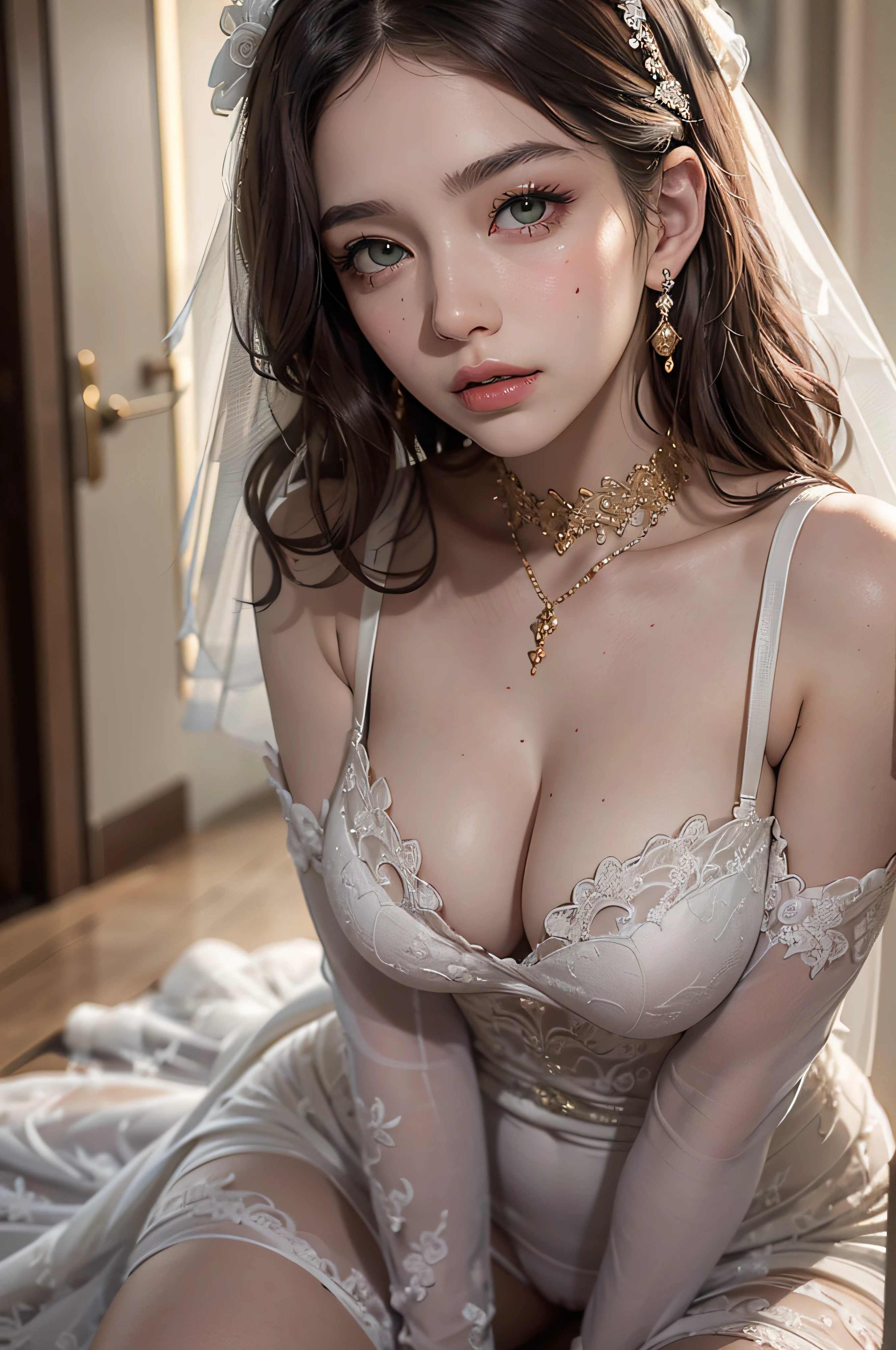 (masutepiece: 1.3), (max resolution: 1.2), (Ultra HDTV: 1.2), cinematric light, 8K resolution, Detailed eyes and skin, detailed facial features, , (Sharp Focus: 1.2), (Focus on Face:1.2),Perfect Style, Beautiful face, acurate, Anatomically correct, Highly detailed face and skin texture, Detailed eyes, Double eyelids, Thin eyebrows, Glitter Eyeliner: 1 Natural cheeks, Glossy skin, Fair skin: 1.2, (Glossy lips: 1.4),、 (Shy look: 1.2),Highly detailed facial and skin texture, Detailed eyes, Double eyelids, Natural cheeks, , shiny lips: 1.4,Exposed cleavage、(A large amount of sperm in the chest:1.4)(Large amount of sperm in the thighs:1.2)、 red blush、humiliated、impatience、dismay、Frightened、glares、Tears、embarrassed from、Open knees、open one's legs、Masturbation behavior、masturbation、rubbing the genitals with fingers,,,,,,,,,、 White underwear、White bra、Shiny little earrings and necklaces、、Disheveled clothes、Dressing、Exposed panties、Wearing sweat、sodden、Sheer underwear、Full body like、 25 years old, Neat and clean woman 、Wavy Hair、 Semi-long hair, Big, upturned breasts, Sitting on the floor, chies、Golden hair、Green ash eye,(weddingdress:1.6)、veils、