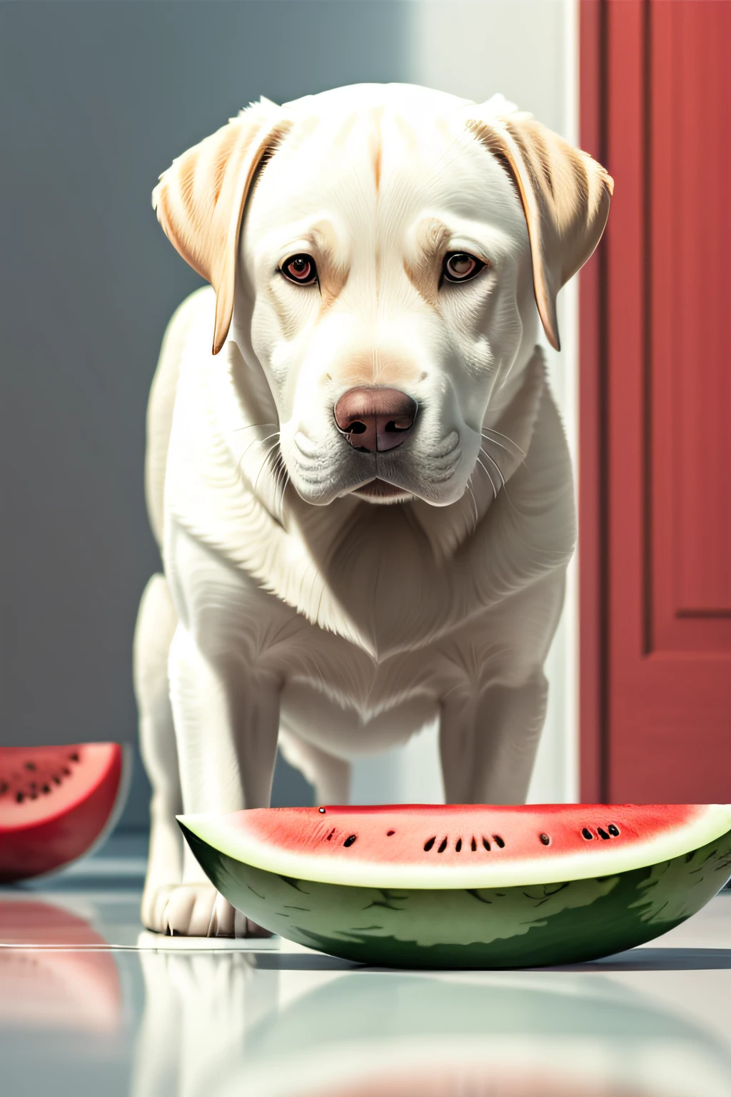 Puppy standing on the floor，Take the watermelon and half of the watermelon, Ultra-Realistic Illustrations, hyper-realistic illustration, photorealistic illustration, Ultra-Realistic Illustrations, ultra realistic 3d illustration, Realistic illustration, Ultra-Realistic Illustrations, hypperrealistic illustration, photo realistic style, ultra-realistic picture, realistic digital illustration, super realistic food picture, Photorealistic art style, hyperrealistic picture, digital painting highly detailed